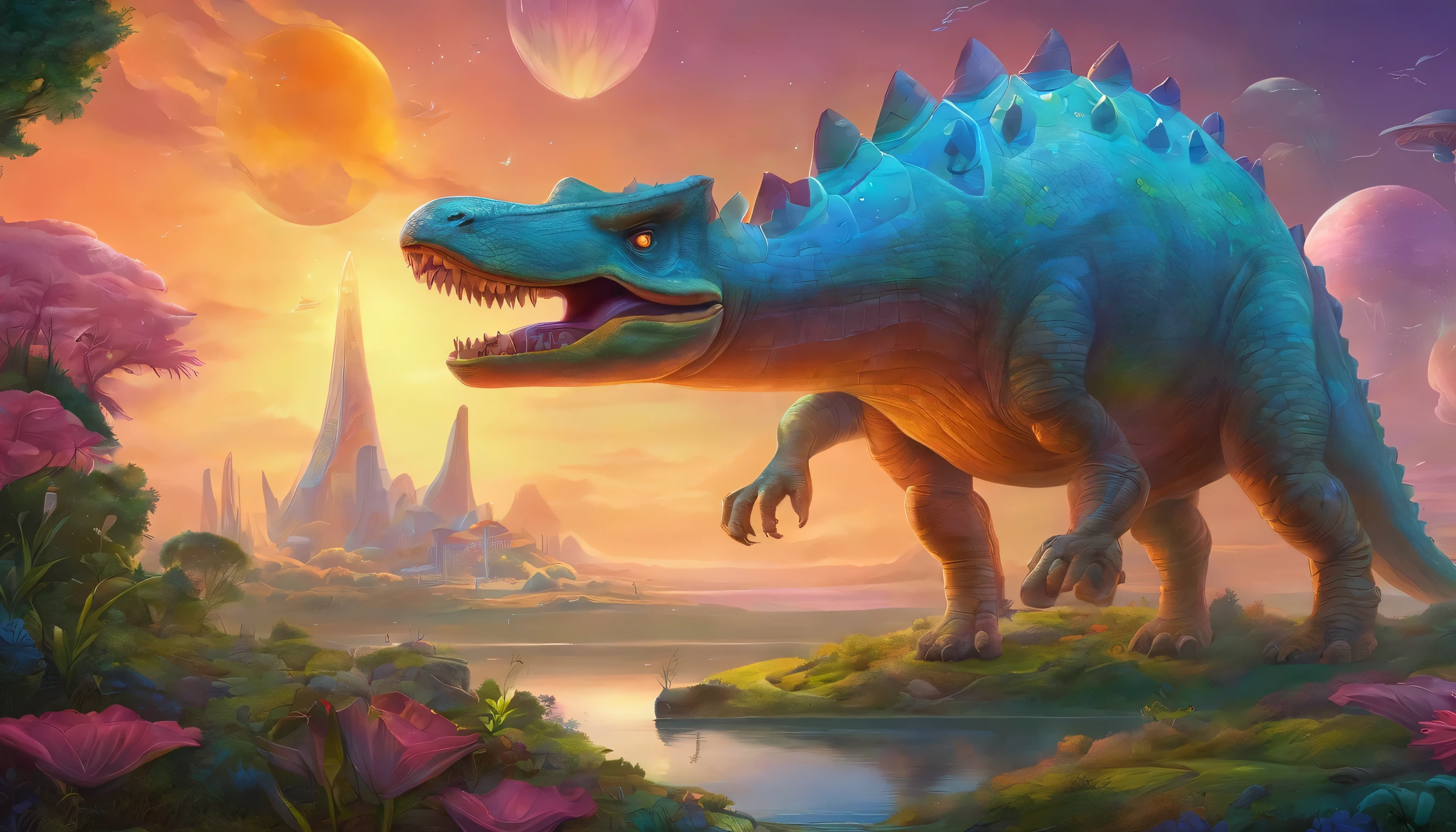 Generate a vibrant and whimsical cartoon showcasing a spaceship and a dinosaur. Draw inspiration from Jacek Yerka's dreamlike palette and Vladimir Kush's surreal concepts. Incorporate elements of pop surrealism, capturing the essence of Peter Henket's brilliance