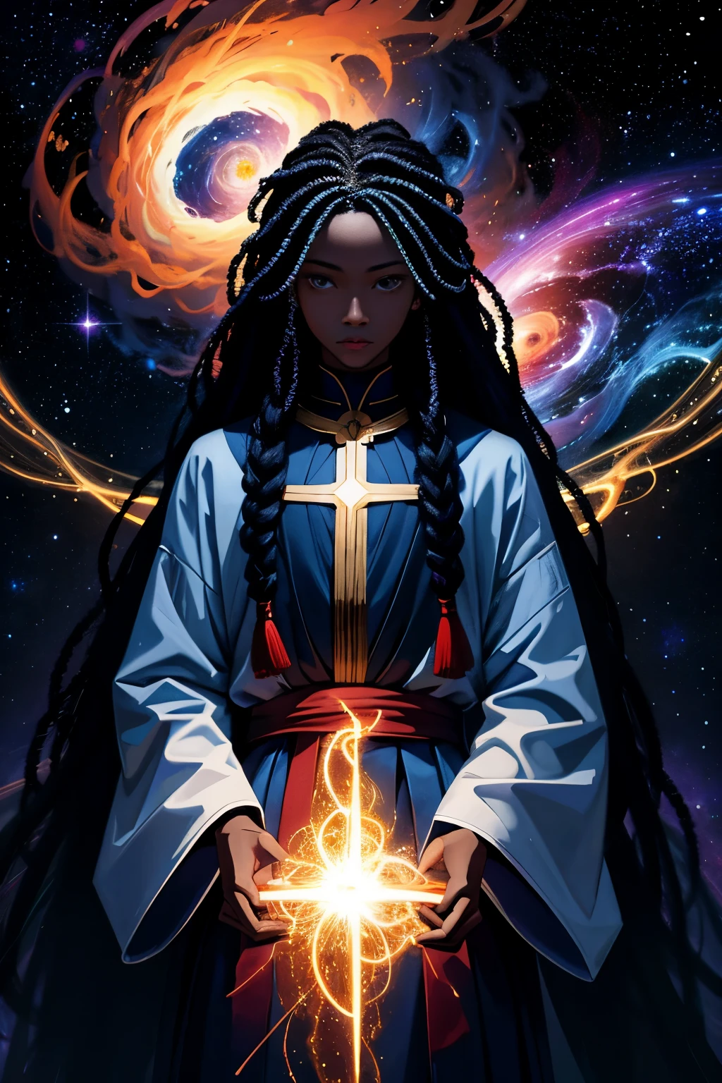 masterpiece, best quality, ultra high res, (abstract art:1.3), (dark art:1.3), deep shadow, dark theme, Benevolent Haitian boy with long braided hair glowing and engulfed in cosmic energy, cosmic hakama, cosmically handsome, in space, nebula, nice hands, perfect hands,