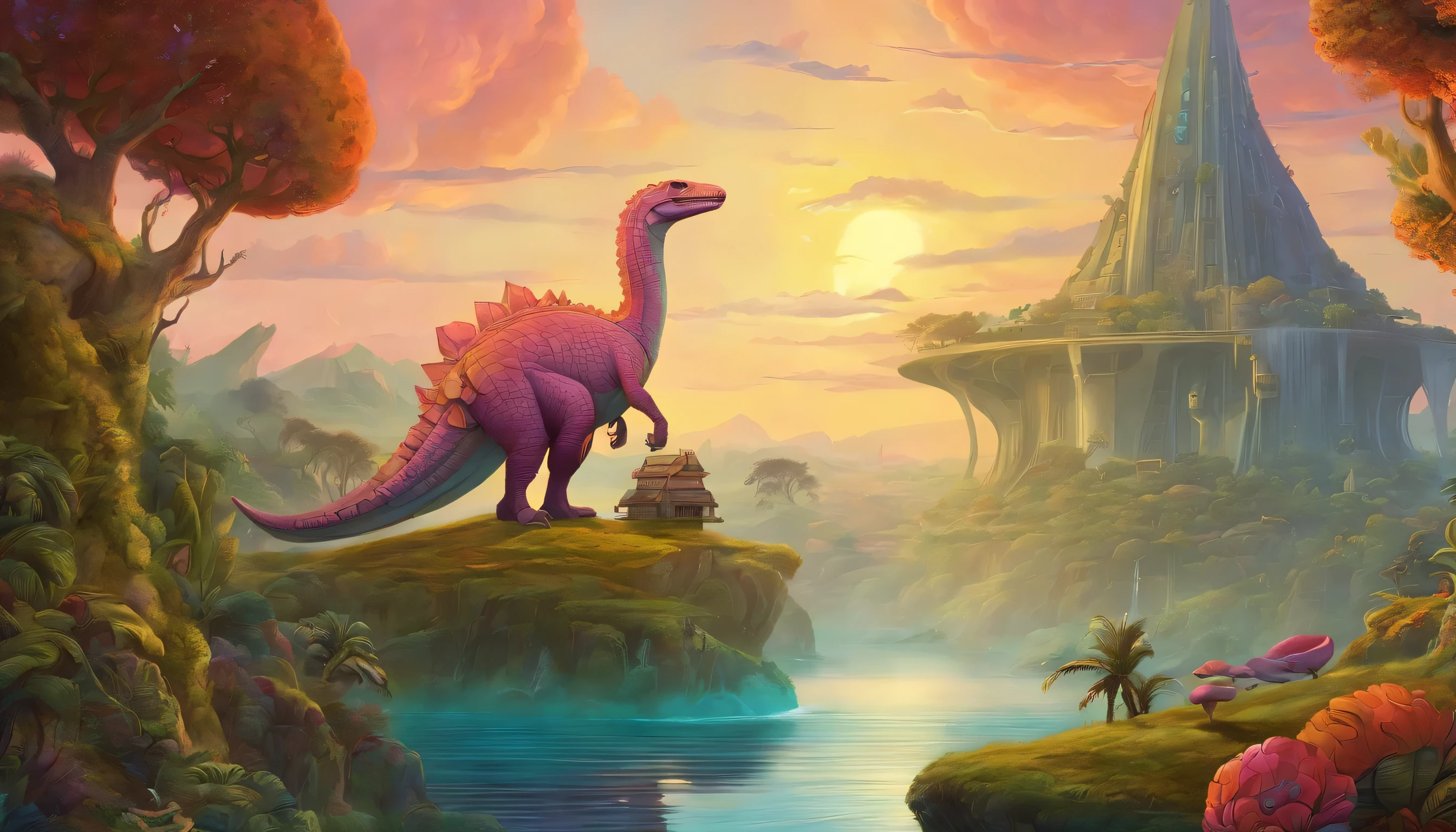 Generate a vibrant and whimsical cartoon showcasing a spaceship and a dinosaur. Draw inspiration from Jacek Yerka's dreamlike palette and Vladimir Kush's surreal concepts. Incorporate elements of pop surrealism, capturing the essence of Peter Henket's brilliance