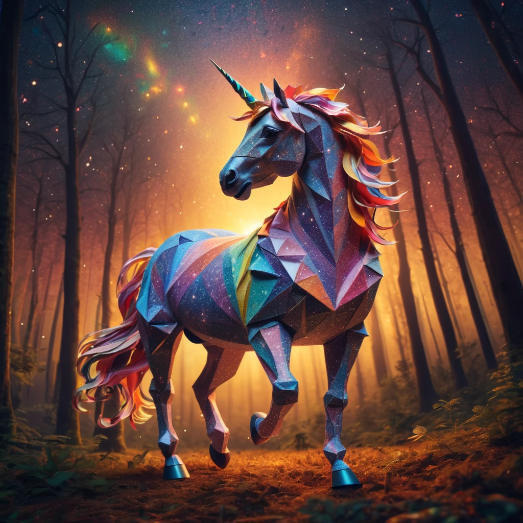 stunning  "ponytailed (warm light unicorn:1.2)", zentangle sky, origami forest, starry sky, sparkles in the sky, speed up, raimbow, fantasy, 3d crunch, cinematic, in the forest, action, emotive, furious unicorn stud, run, be free, now is you time, scape!!