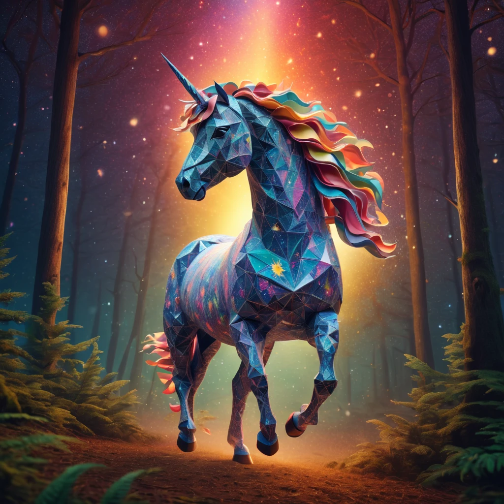stunning "ponytailed (warm light unicorn:1.2)", zentangle sky, origami forest, starry sky, sparkles in the sky, speed up, raimbow, fantasy, 3d crunch, cinematic, in the forest, action, emotive, furious unicorn stud, run, be free, now is you time, scape!!