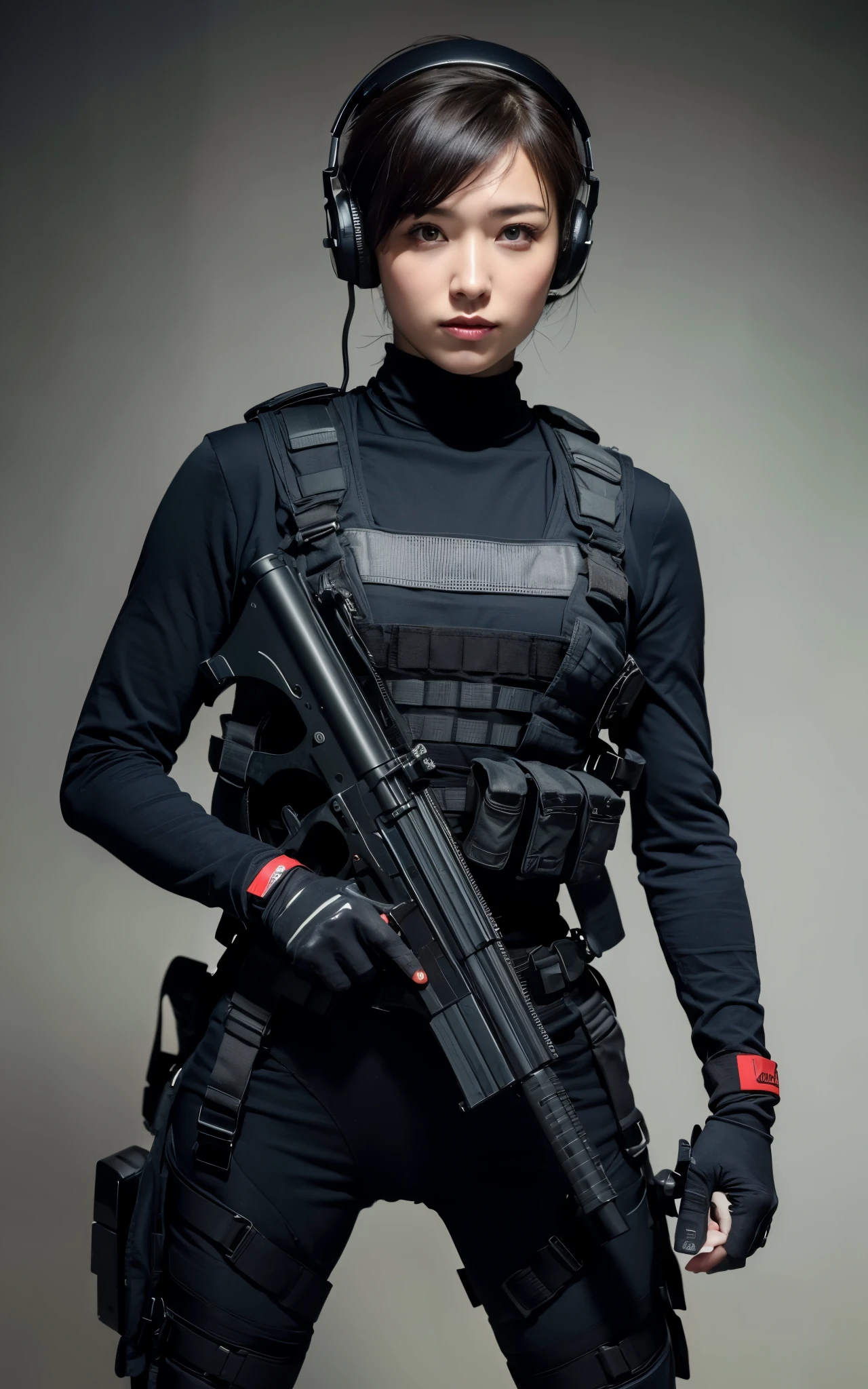 ((Best Quality, 8K, Masterpiece: 1.3)), ((best quality)), photorealistic, photorealism, Photorealistic, high resolution, 1girl aiming with an ak-47 assault rifle, Combat pose, looking at the camera, (Detailed face), short hair, plump and muscular:0.7, (wearing red rubber suit, tactical vests, military harness, black gloves, high-tech headset), cloths color based on black dark blue), revealed thigh, Gun, Fingers are occluded, concrete wall background,