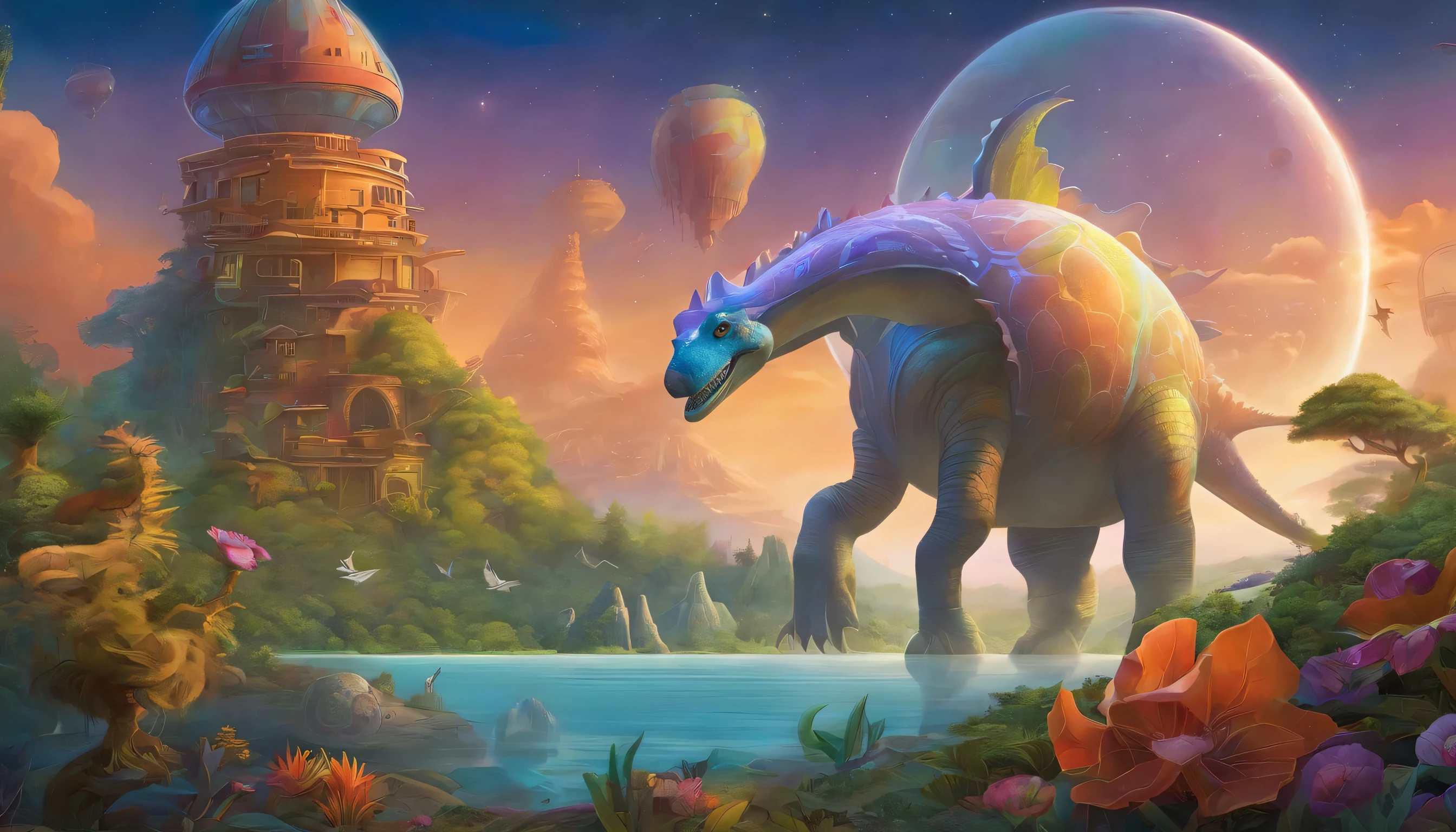 Generate a vibrant and whimsical cartoon showcasing a spaceship and a dinosaur. Draw inspiration from Jacek Yerka's dreamlike palette and Vladimir Kush's surreal concepts. Incorporate elements of pop surrealism, capturing the essence of Peter Henket's brilliance