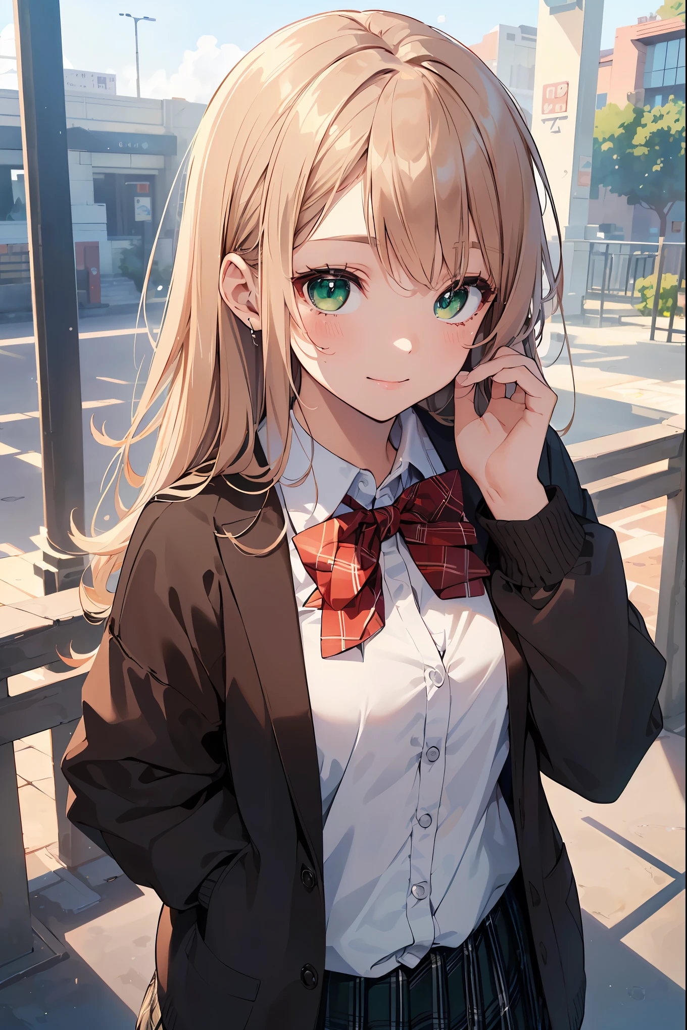 ((masterpiece, best quality, highres, UHD, perfect pixel, depth of field, 4k, RTX, HDR))), 1girl, single, solo, beautiful anime girl, beautiful artstyle, anime character, ((long hair, bangs, brown hair, curly hair:0.5)), ((green eyes:1.4, rounded eyes, beautiful eyelashes, realistic eyes)), ((detailed face, blushing:1.2)), ((smooth texture:0.75, realistic texture:0.65, photorealistic:1.1, anime CG style)), medium breasts, dynamic angle, perfect body, ((portrait, pov)), ((red bowtie, school uniform, black jacket, open jacket, brown cardigan, white shirt, black skirt, plaid skirt)), smile, hands up, amusement park