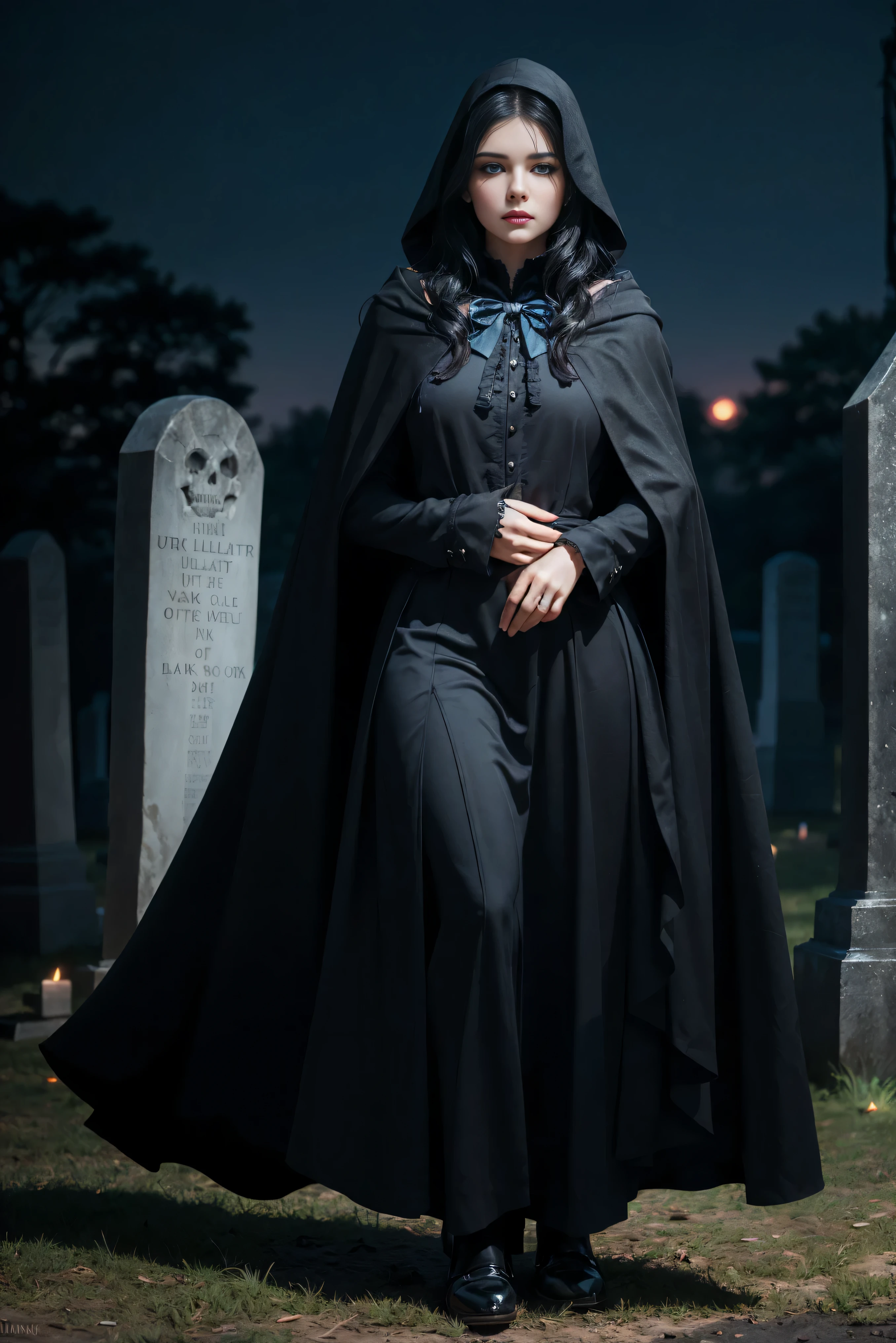 (Best Quality, (High resolution:1.2), Ultra-detailed, Realistic portrait, female necromancer, long black cloak, beautiful face, dark background, cemetery, depth of field, long black hair, night time, full body, blue eyes