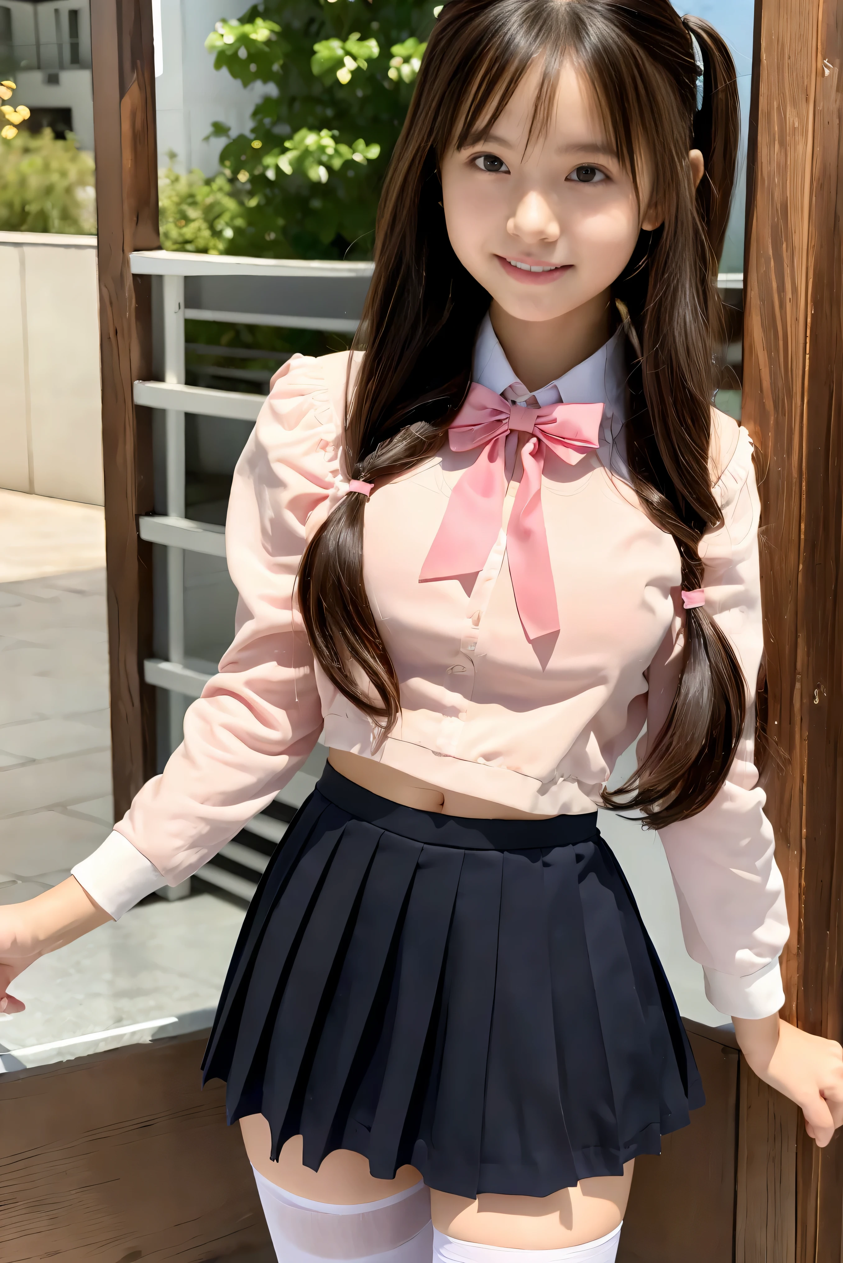 (Best Quality,4K,High resolution:1.2), Ultra-detailed, Realistic portrait, Best Quality, (outside japanese high school), (passionate scene),one very young looking high school girl, (intense emotion), (innocent look, pink ,white and black school uniform), ((stockings, cute face, standing, full body)), (perfect long legs, high waist mini pleated skirt, tight shirt), large brown eyes, long black hair, pigtails, cute smile, rose cheeks, muscular abs tiny body, tiny waist, bows and ribbons in hair