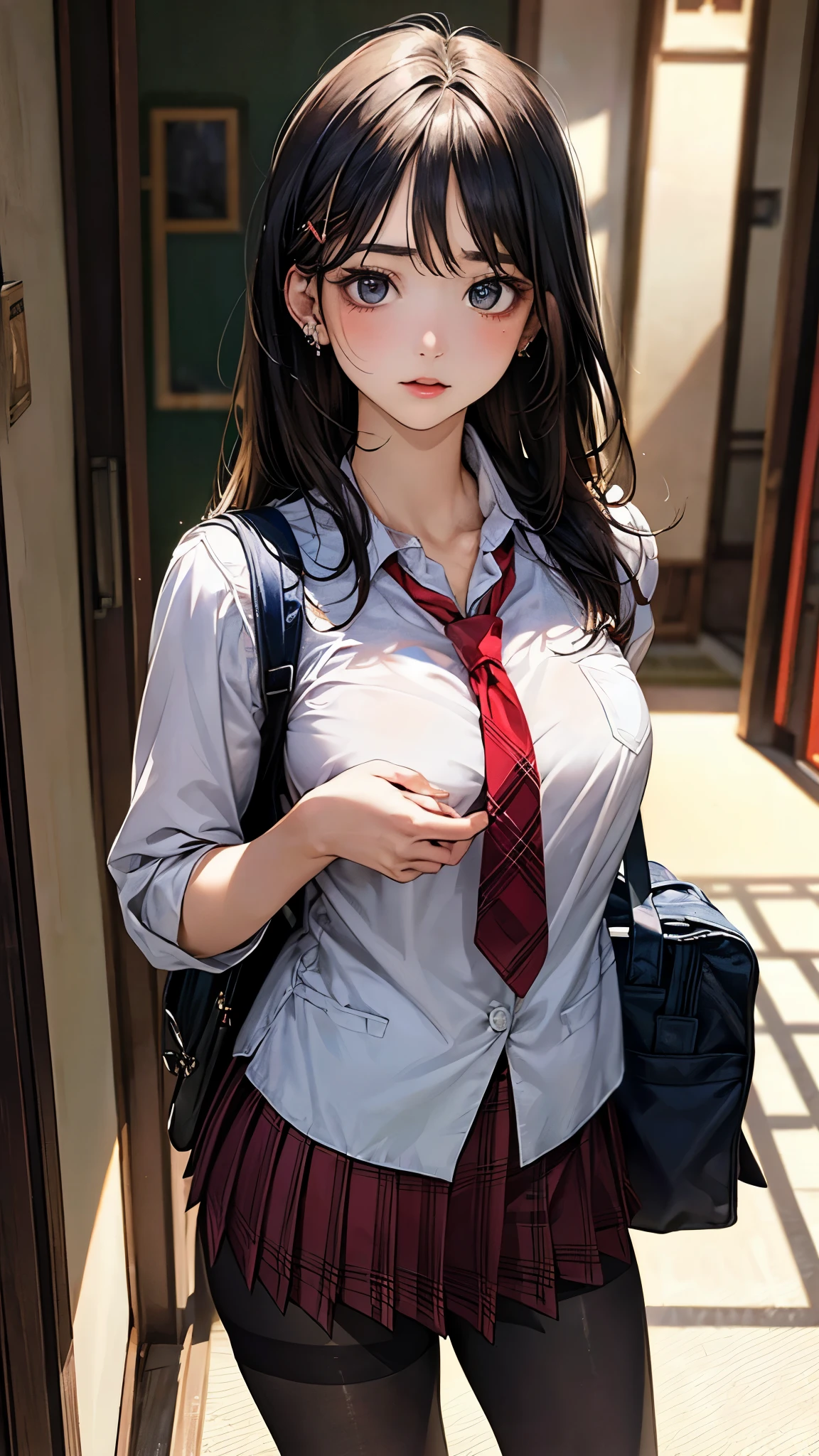 (masterpiece:1.2, top-quality), (realistic, photorealistic:1.4), beautiful illustration, (natural side lighting, movie lighting), 
looking down at viewer, fullbody, 1 girl, japanese, high school girl, perfect face, cute and symmetrical face, shiny skin, babyface, 
(long hair, straight hair, hairpin, black hair), swept bangs, blue eyes, big eyes, drooping eyes, (middle breasts, seductive thighs, big ass), piercings, 
beautiful hair, beautiful face, beautiful detailed eyes, beautiful clavicle, beautiful body, beautiful chest, beautiful thigh, beautiful legs, beautiful fingers, five fingers, 
((white cute blazer, (black collared shirt), red plaid pleated miniskirt, red tie), black pantyhose), navy school bag, 
(beautiful scenery), evening, school hallway, (nioh standing), open legs, crossed arms, (ook down on with disdain, close mouth),