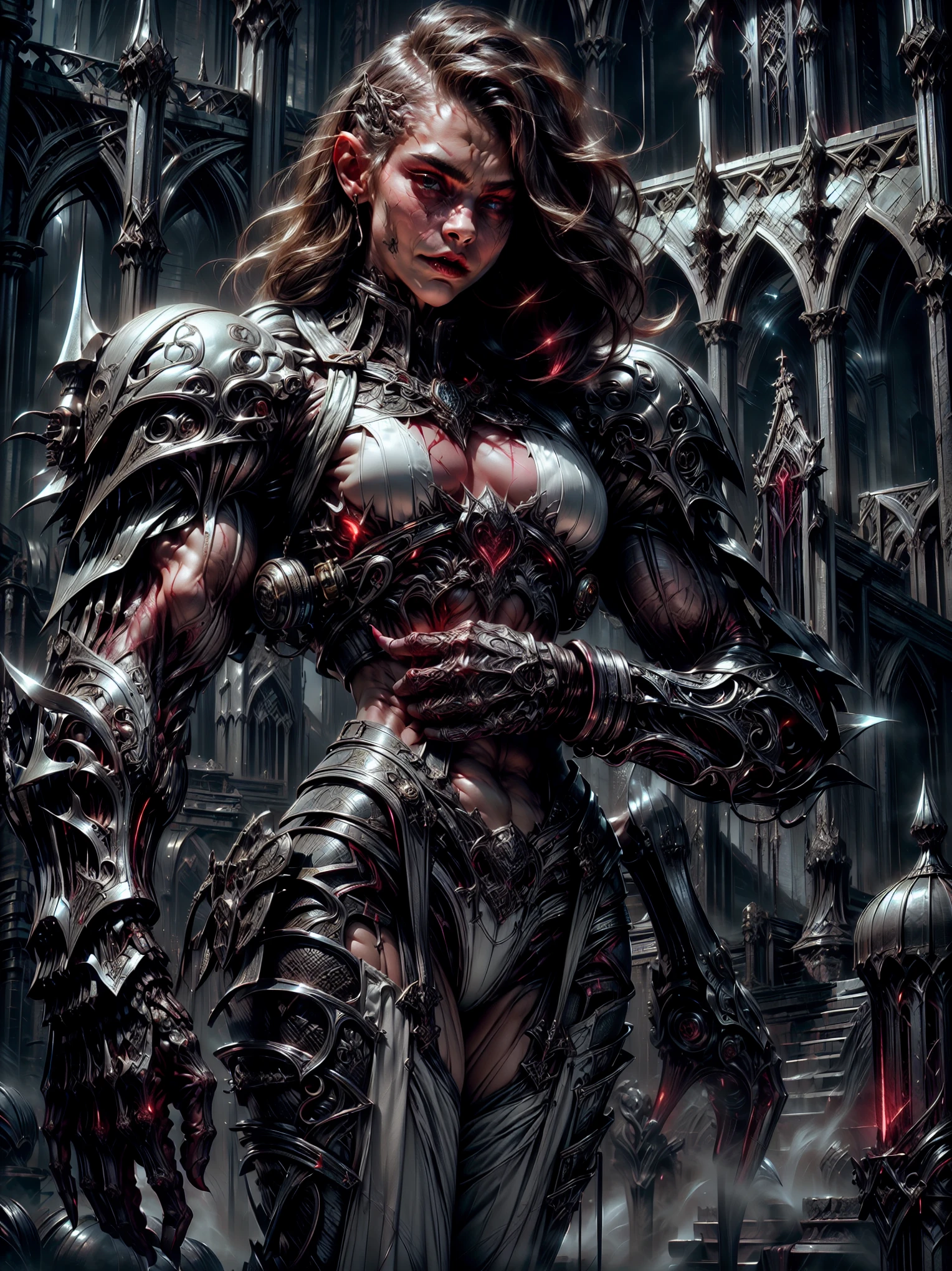 (1 girl), (cara delevingne:1.25), (pure white skin:1.25), Beautiful vampire girl dressed in ornate medieval vampiric full body armor, (perfect fingers:1.24), (extreme muscular definition:1.5), (vampiric body armor:1.25), (huge muscular arms:1.5,) (10-pack abs:1.4), (lots of veins:1.25), Ultra Realistic, Very detailed face and eyes, a true masterpiece, with an atmosphere of horror, gothica, blood, haunted cathedrals