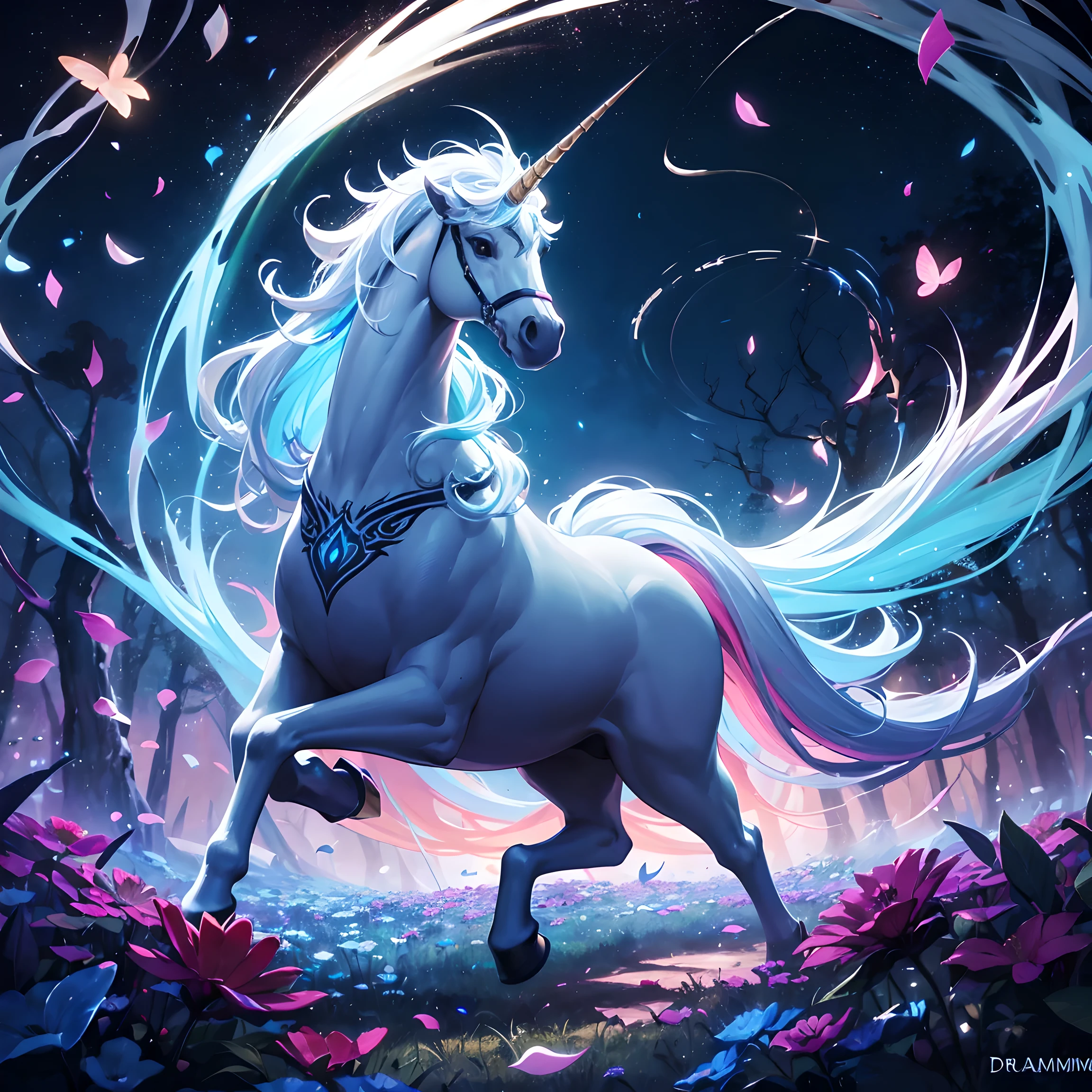 (Super detailed, bright colors, magic, fantasy, Surrealism), Unicorns galloping in the dreamy enchanted forest, 闪闪luminescent彩虹鬃毛和尾巴, Luminous horn, Graceful and luxurious, 周围环绕着漂浮的花瓣和闪闪luminescent蝴蝶. [illustration] [dream] [magic的生物] [whimsical] [fairy tale] [mystery] [luminescent] [majestic] [dreamy atmosphere] [soft light] [bold brushwork]