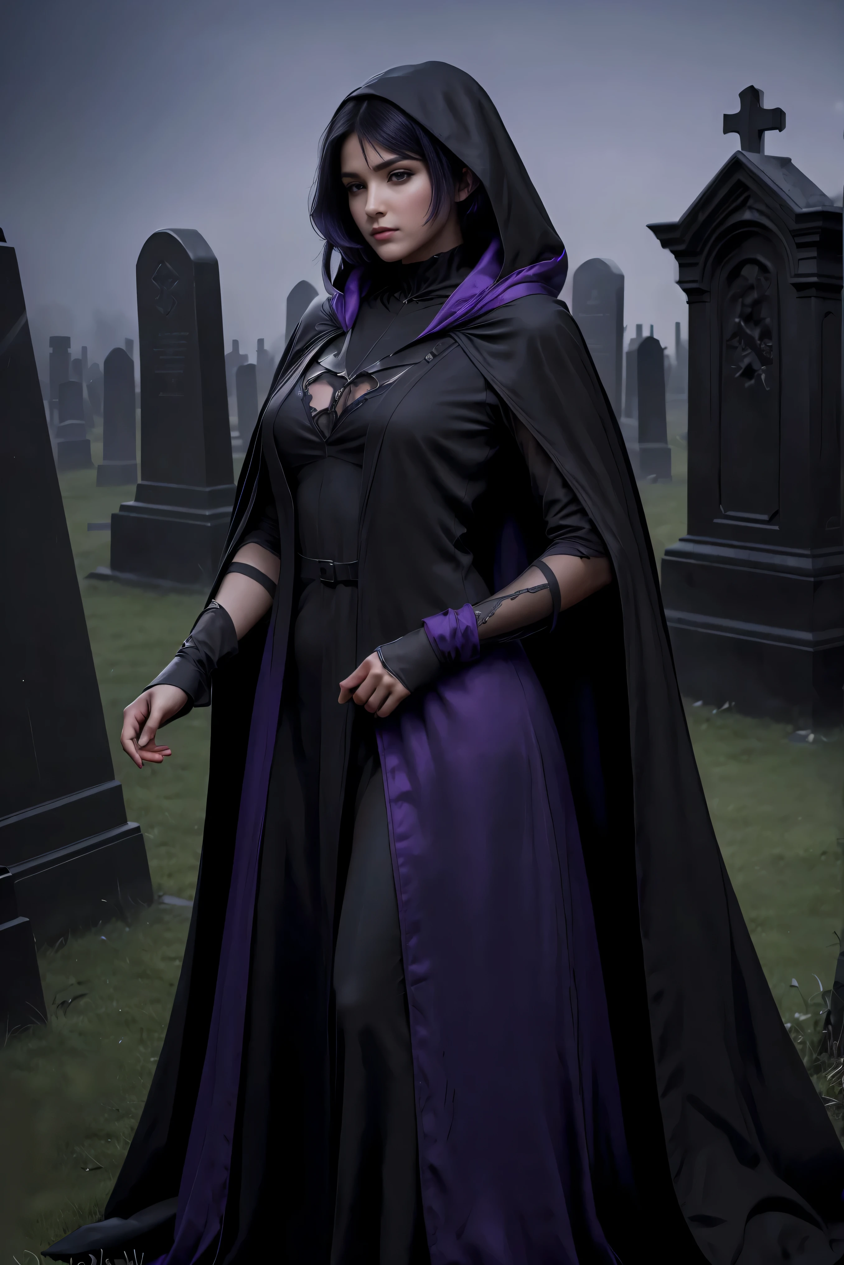 (Best Quality, (High resolution:1.2), Ultra-detailed, Realistic portrait, female necromancer, long black cloak, beautiful face, dark background, cemetery, depth of field, short black and purple hair, night time, full body