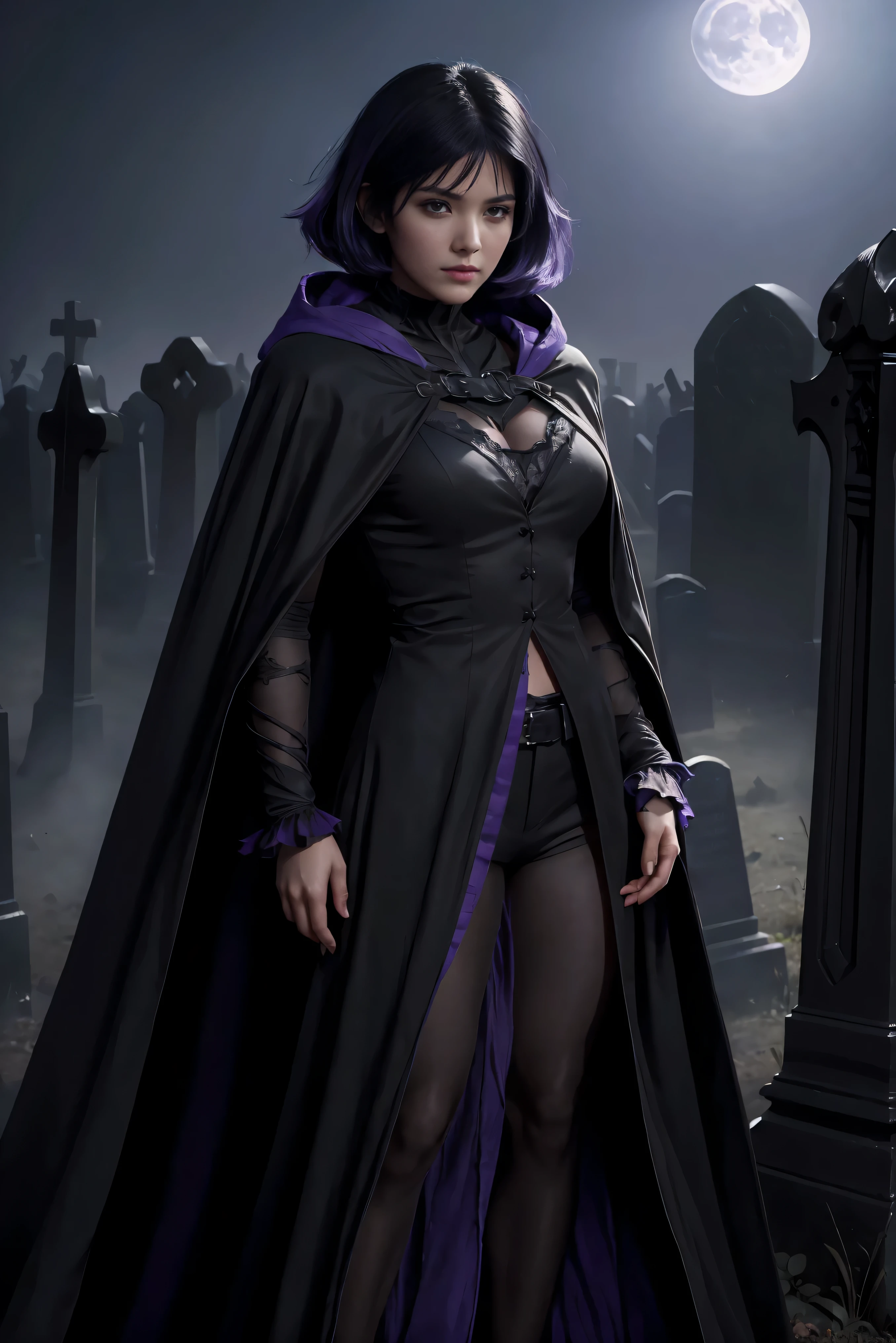 (Best Quality, (High resolution:1.2), Ultra-detailed, Realistic portrait, female necromancer, long black cloak, beautiful face, dark background, cemetery, depth of field, short black and purple hair, night time, full body