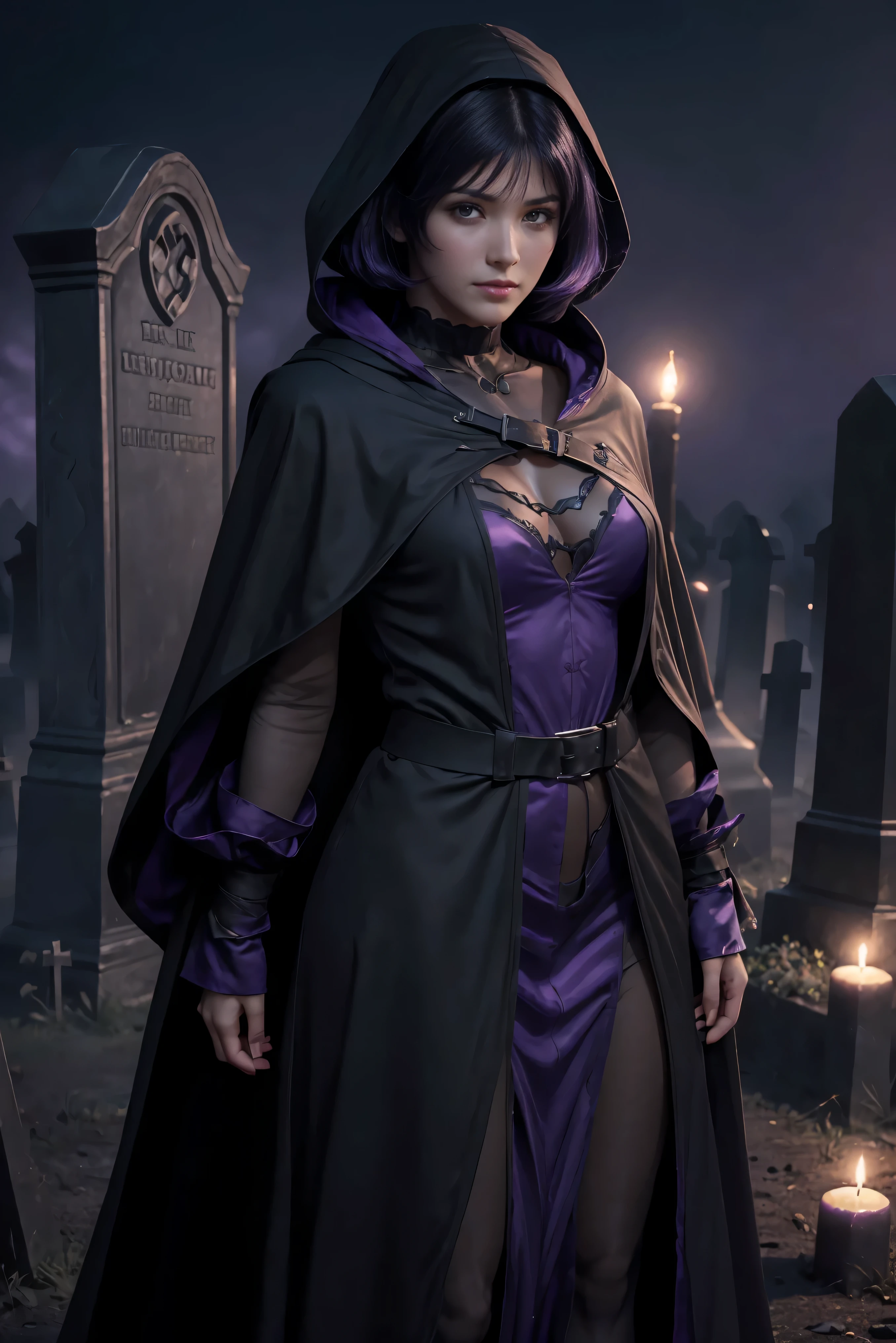 (Best Quality, (High resolution:1.2), Ultra-detailed, Realistic portrait, female necromancer, long black cloak, beautiful face, dark background, cemetery, depth of field, short black and purple hair, night time, full body