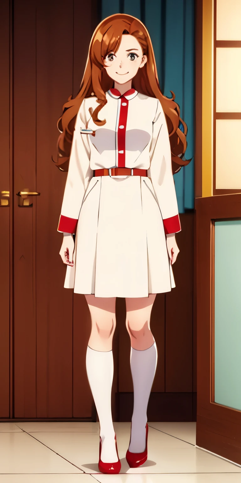 woman, brown hair, curly hair, long hair, hazel eyes, very detailed, smile, nurse's uniform, white  uniform, red high heels, costumes of the same color, full body shot, ((matching outfit, same outfit)), brown hair, blonde hair, different hair colors, twin sisters