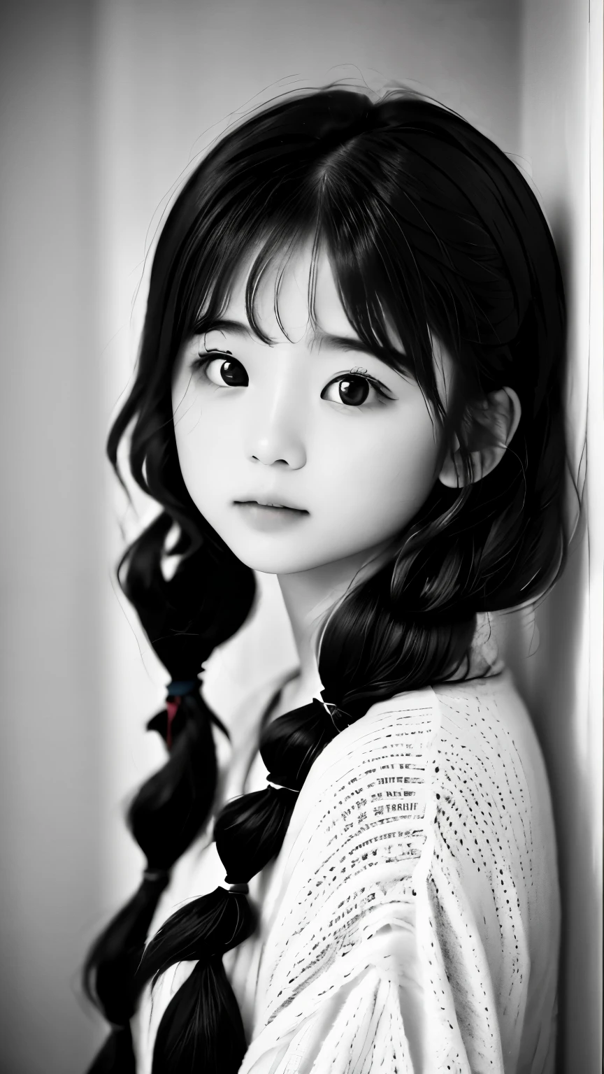 (((film grain,a black and white photo:1.3、RAW photo)))、18talent、Favorable facial expressions、one girl、短いtwin tails、twin tails、short hair、cute face、plump lips、Attractive gray eyes、Room wear、relax、silence、blurred background