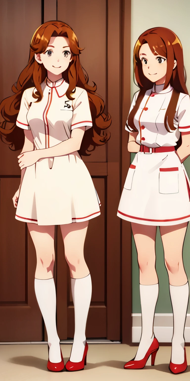 woman, brown hair, curly hair, long hair, hazel eyes, very detailed, smile, nurse's uniform, white  uniform, red high heels, costumes of the same color, full body shot, ((matching outfit, same outfit)), brown hair, blonde hair, different hair colors, twin sisters