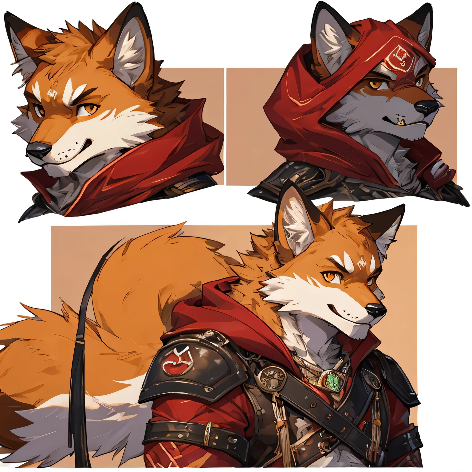 male furry fluffy anthropomorphic fox reference sheet, detailed features like expressive eyes, bushy tail, sharp teeth, realistic fur texture, medium: digital illustration, front view and back view, high-resolution, professional quality, intricate patterns on the fur, adorable and charismatic personality, attention to anatomical accuracy, a mix of red, orange, and white fur, designed facial structure