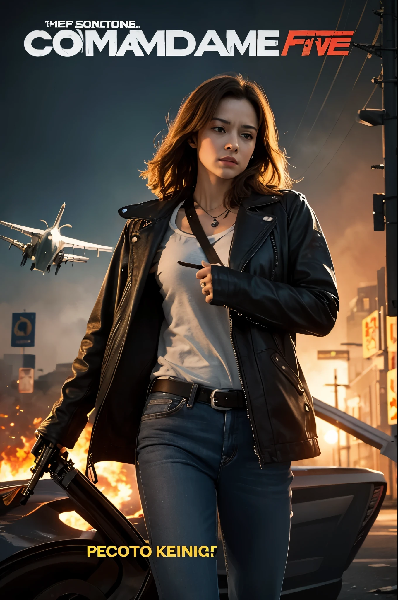 Terminator movie poster woman, explosions, guns, cars, planes