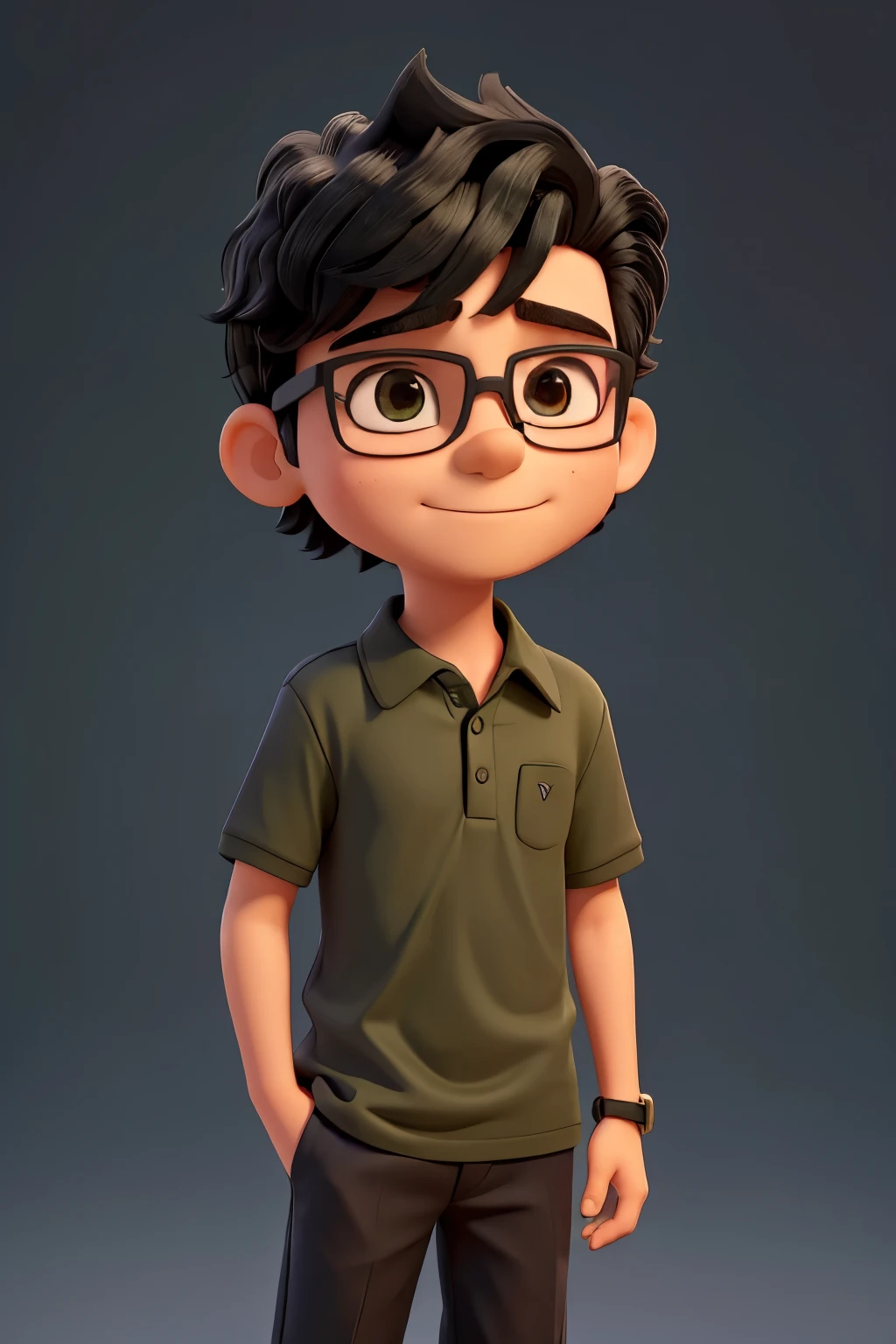 
10 year old boy with 3D style black hair and black glasses, wearing a dark green polo shirt with orange details making cool with his hand