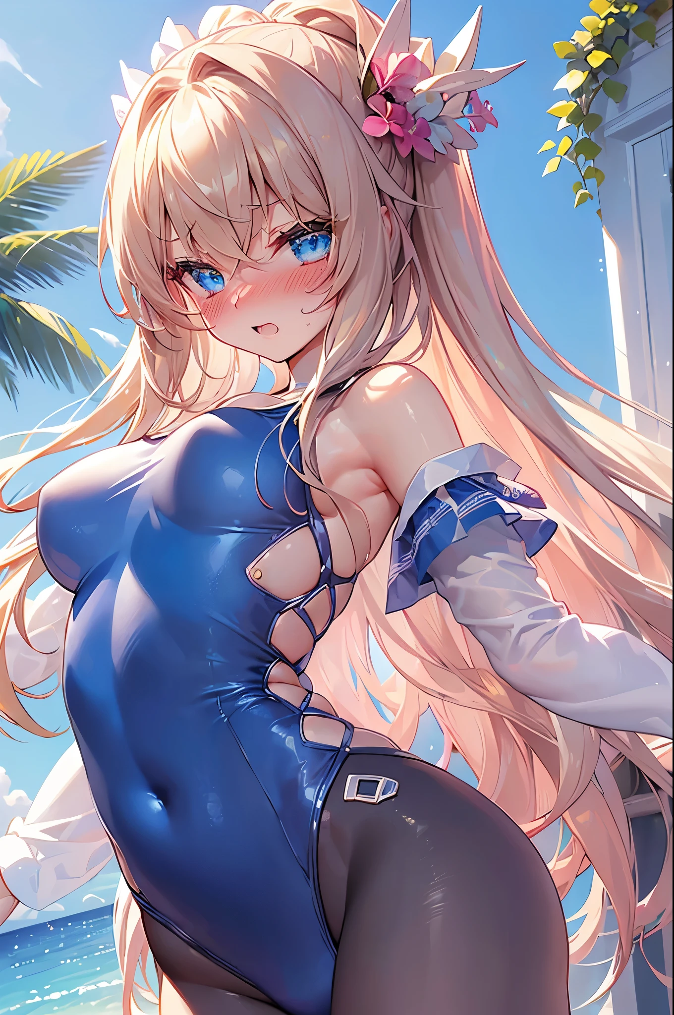((masterpiece、4K、8K、highest quality: 1.perfect fingers: 1.perfect anatomy: 1.3、background blur))、((Super precise expression))、,((、thin、small face、super beautiful girl、blonde、straight long hair))、((Blazer school uniform one piece swimsuit、barefoot)):1.3、barefoot、cute eyes:1.1、(Blushing and embarrassed:1.3)、(Are standing、whole body:1.5)、(Summer bky、sunlight、white sand beach)、