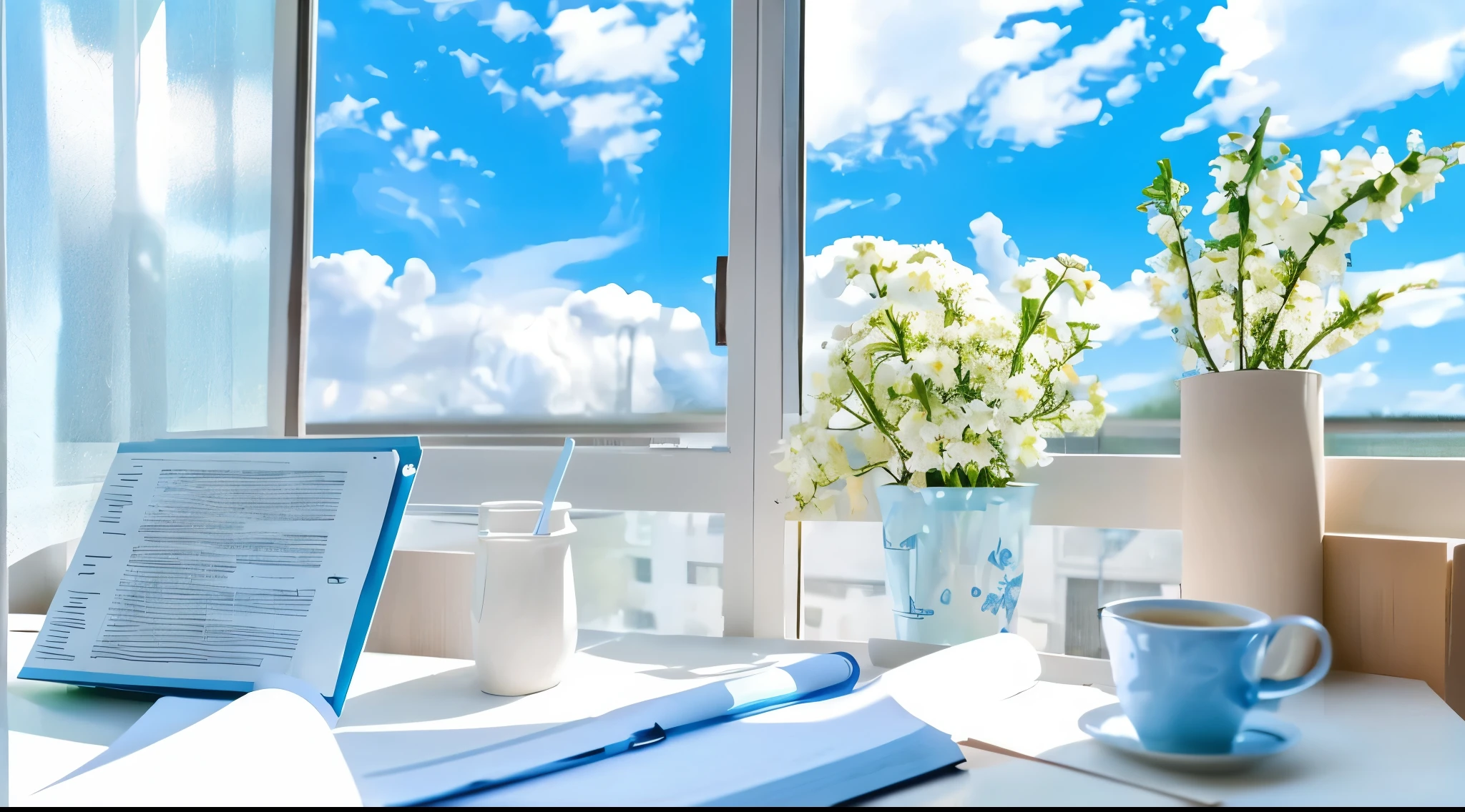 The refreshing blue sky can be seen from the window,study desk by the window,,beautiful white flowers