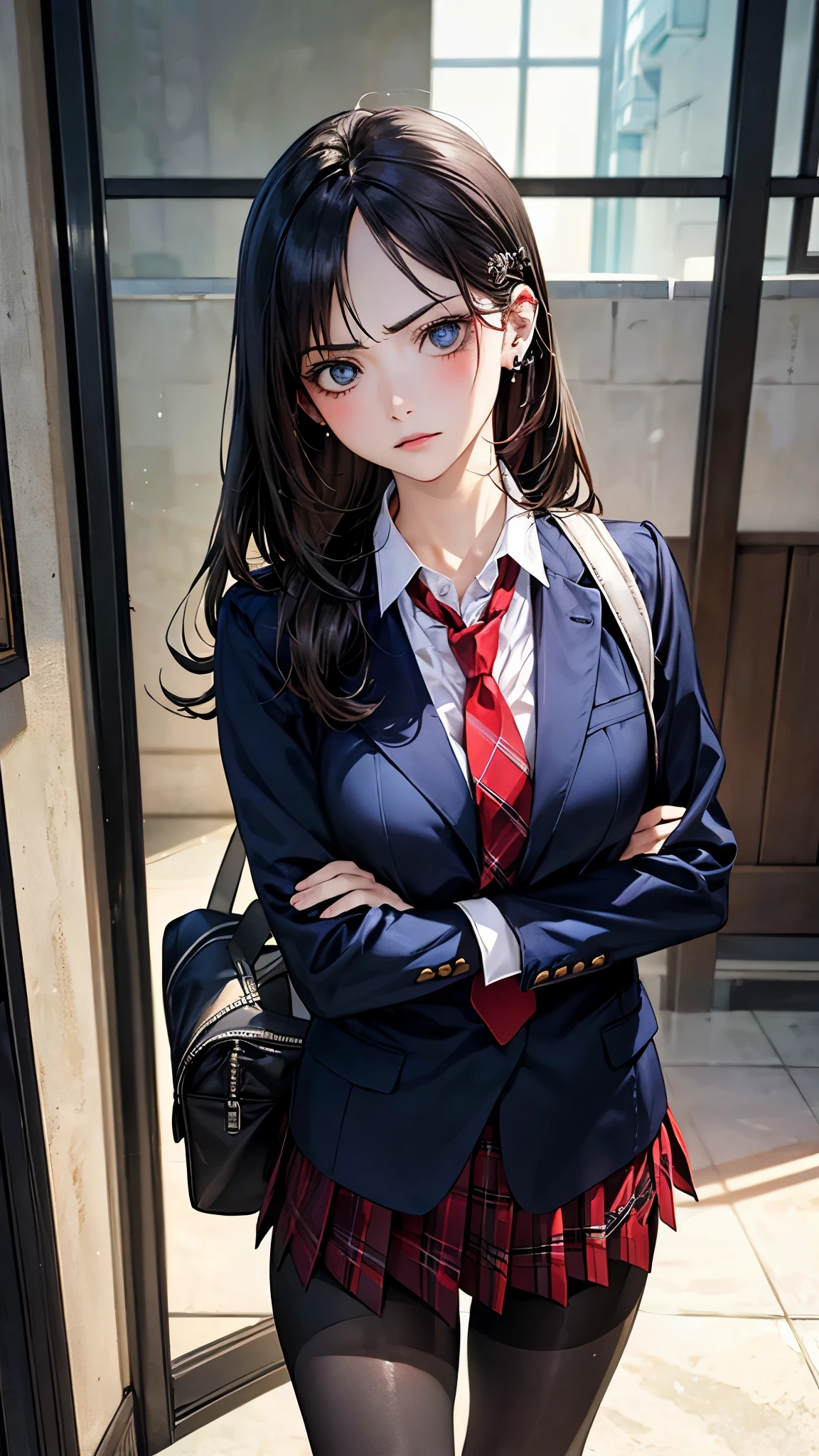 (masterpiece:1.2, top-quality), (realistic, photorealistic:1.4), beautiful illustration, (natural side lighting, movie lighting),
looking down at viewer, from below:1.2, 1 girl, japanese, high school girl, perfect face, cute and symmetrical face, shiny skin, babyface,
(long hair, straight hair, hairpin, black hair), swept bangs, blue eyes, big eyes, drooping eyes, (middle breasts, seductive thighs, big ass), piercings,
beautiful hair, beautiful face, beautiful detailed eyes, beautiful clavicle, beautiful body, beautiful chest, beautiful thigh, beautiful legs, beautiful fingers, five fingers,
((white cute blazer, (black collared shirt), red plaid pleated miniskirt, red tie), black pantyhose), navy school bag,
(beautiful scenery), evening, school hallway, (nioh standing), open legs, crossed arms, (a little angry, crazy eyes),