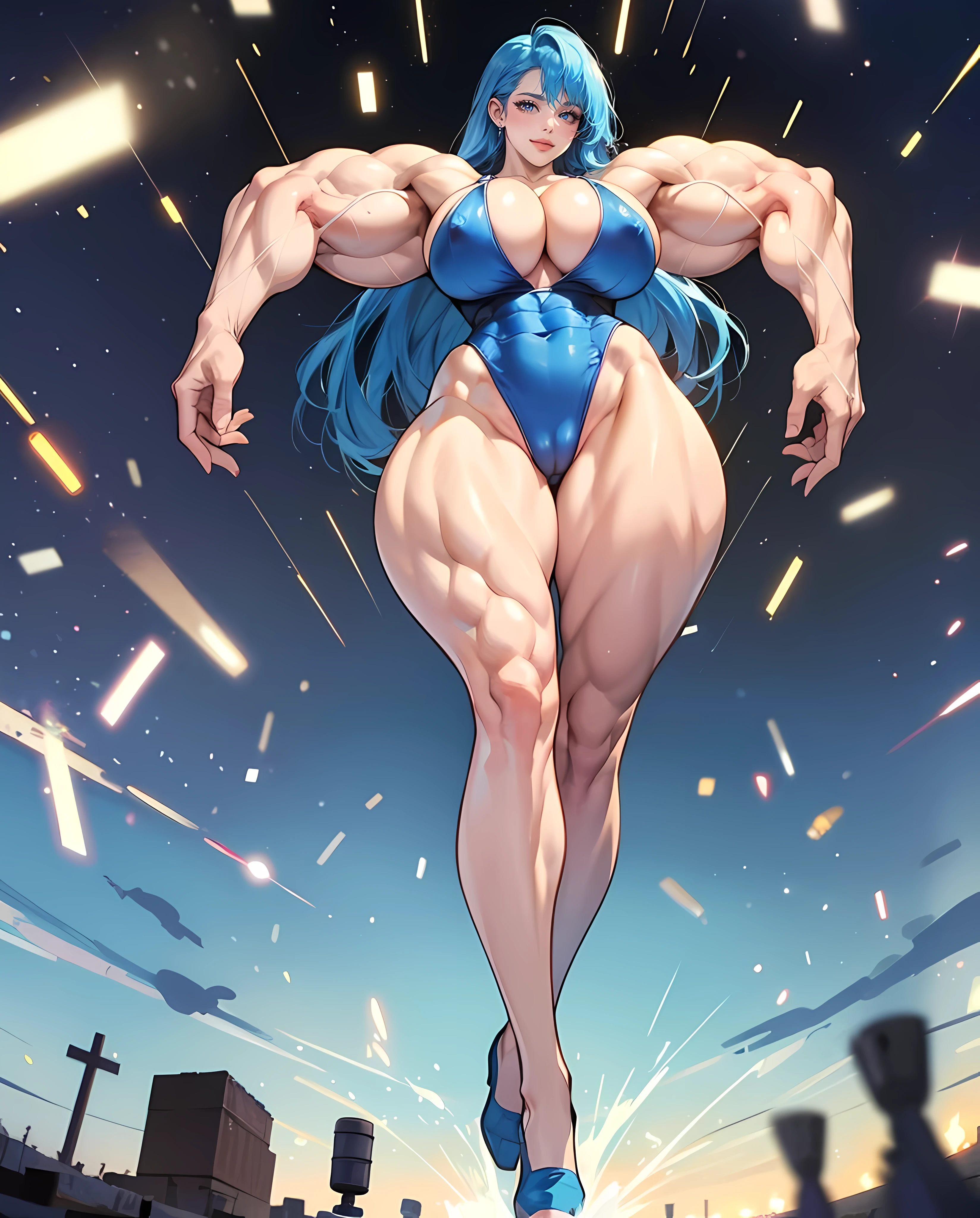 ((Masterpiece)), ((Best Quality)), ((Solo)), ((alone)), ((1girl)), 8K、top-quality、An ultra-high picture quality、ultra-detailliert、animesque、Ultra-realistic flesh feeling、portlate、full bodyesbian、Sexy beauty、Crab crotch、piece、Cross-eyed、Put out the velo、Super High Leg、The skin is sheer、arms in arms、Raising the chest、Water running through the skin、collarbone visible、Long blue hair、Blue eyes、shinny skin、Very gigantic-breasts、ample breasts、extremely big ass、shinny skin 、The background is a fantastic meteor shower, ((NSFW)), (((accurate anatomy))), (((Huge breasts))), ((long legs)), ((wide hips)), ((((Muscular Legs)))), (((Massive Female Bodybuilder))), (((((Huge Muscles)))))