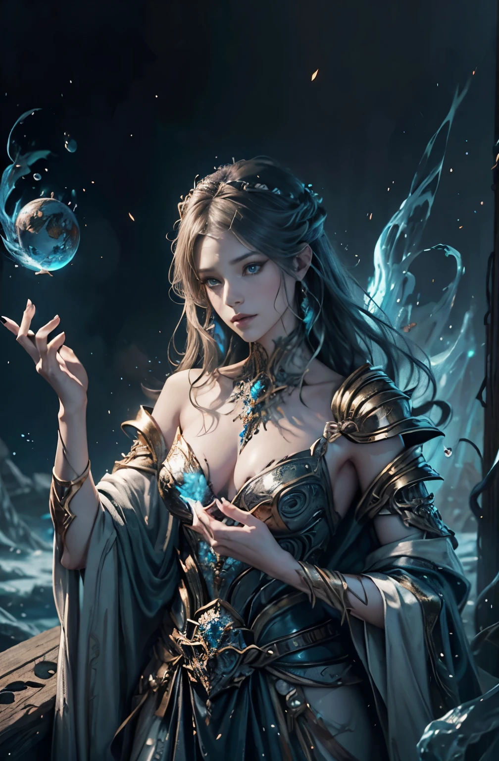 (masterpiece), (best quality:1.4), absurdres, [:intricate details:0.2], 1girl, Flowing robes, intricate magical circles, glowing runes, shimmering aura, arcane incantations, crackling energy, ethereal staff, sparkling motes, glowing sigils, otherworldly chanting, mysterious symbols, transcendent water magic, water magician, waterball, upper body shot, kinetic expressions,