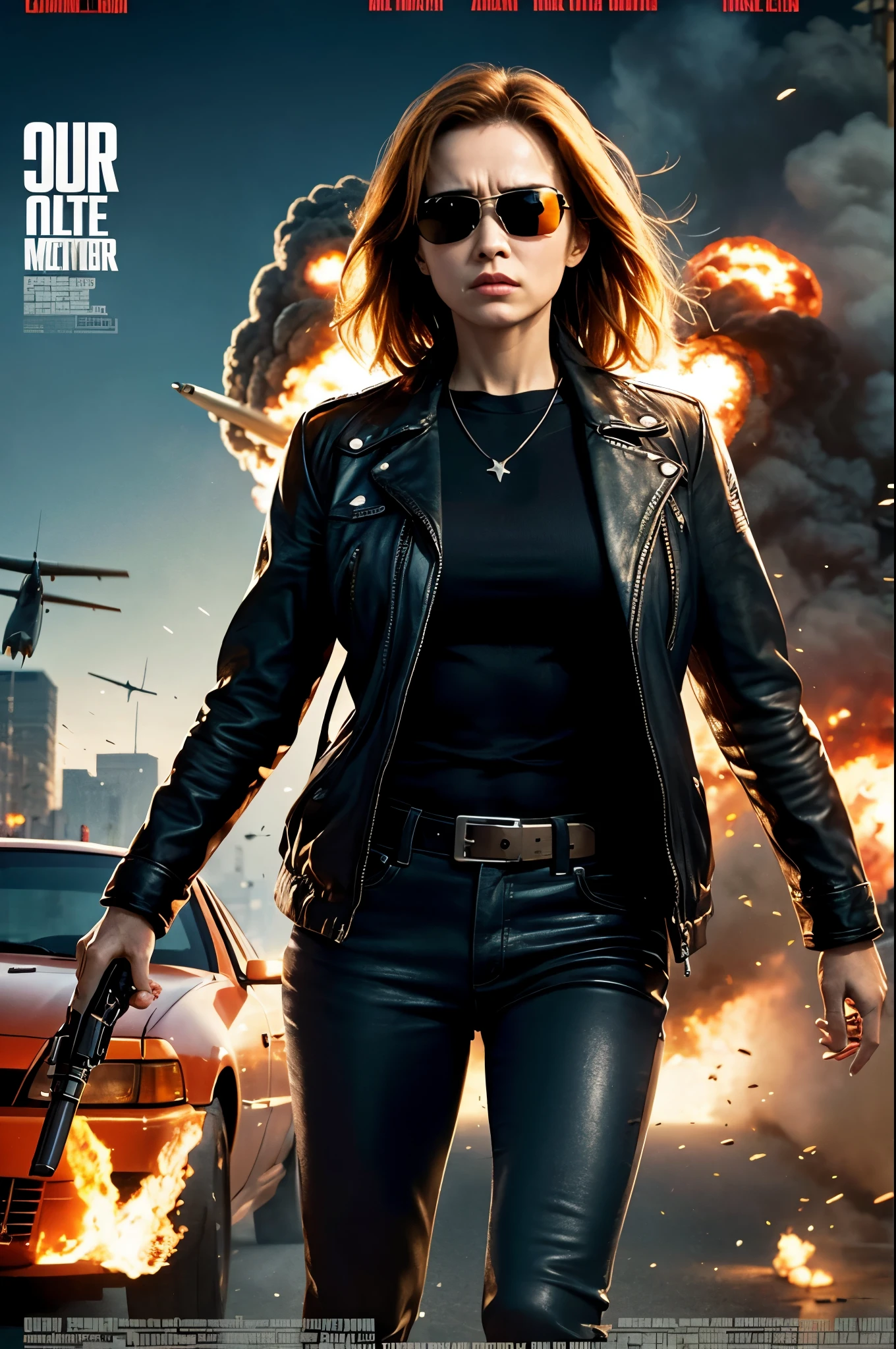 Terminator movie poster woman, explosions, guns, cars, planes