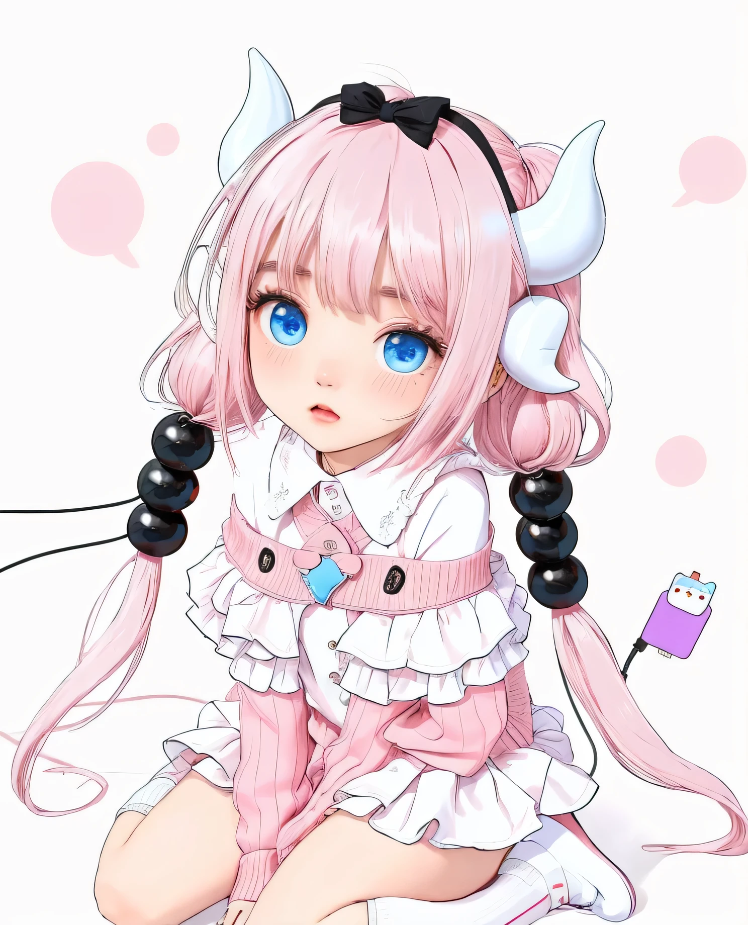 cute girl with long light pinkish hair with black beads on her tails. The girl is wearing a red dress with pink collars and long pink socks... The girl has small white horns on her head and a black headband.., double-sided horns, A purple cable comes out of the girl, plugged into an outlet. The Girl in the White Room. The girl has big blue eyes.