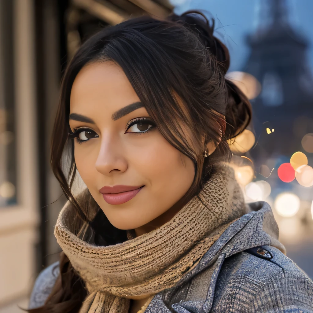 Create a realistic portrait of a woman with long, wavy brunette hair tied back loosely, with a few strands elegantly framing her face. She has refined makeup with sharp winged eyeliner and natural-toned lipstick, enhancing her clear, radiant skin. She's dressed warmly for the cold Parisian winter, in a chic coat, a luxurious scarf wrapped around her neck. Her expression is one of thoughtful contemplation, with a gentle smile, as she gazes off to the side, perhaps at the iconic Eiffel Tower in the distance or the charming streets of Montmartre dusted with snow. The lighting reflects a crisp winter morning, with the soft golden hues of the rising sun casting a gentle glow on her face, and the Parisian architecture creates a romantic and sophisticated backdrop.