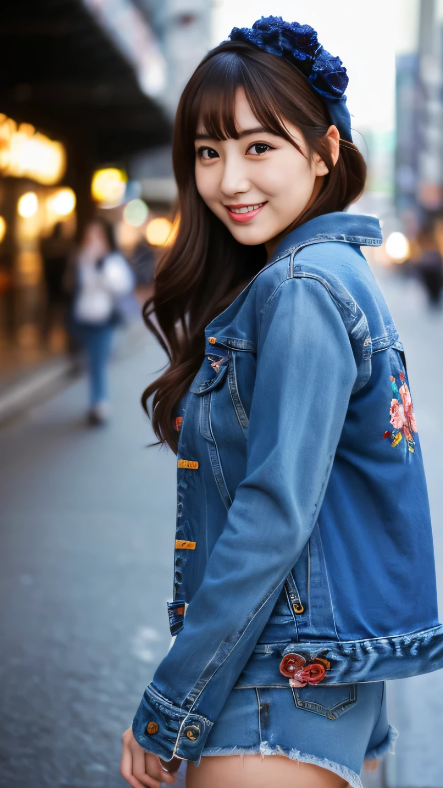 (realistic, photo-realistic:1.4), (extremely detailed 8k wallpaper), bokeh, detailed beautiful eyes and skin, (Image from thighs to head:1.3), (Japanese idol:1.3), 25yo, beautiful woman, smile, large breast, 
Indigo blue denim jacket with floral embroidery, Casual, Urban street art, Artsy street ambiance,