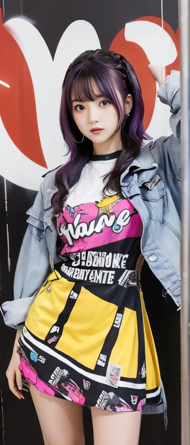 junk female idol、whole body、good style、colorful hair、、、、、graffiti mini dress、Covered with junk