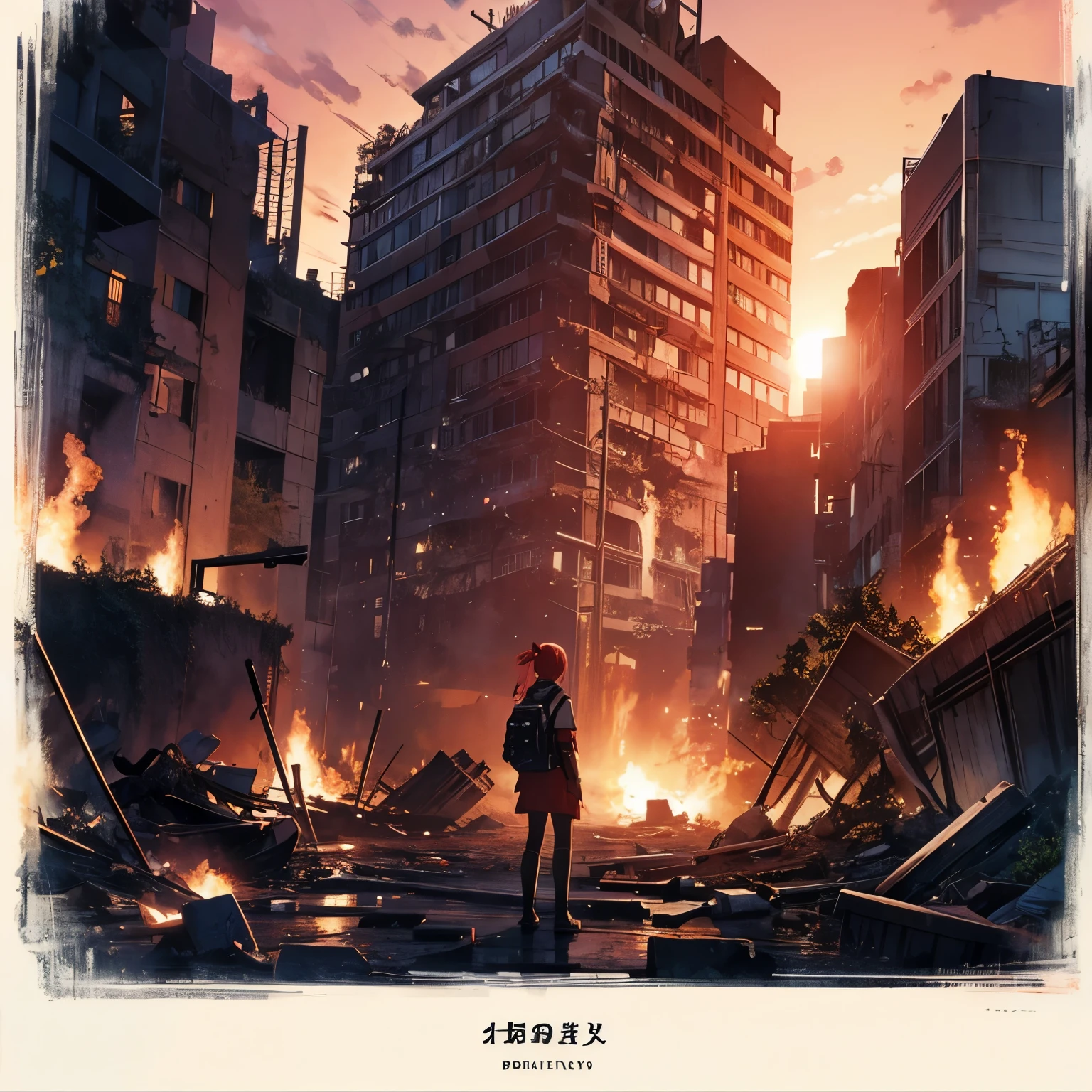 ≠People、Anime scenery、red sky、tank、a devastated world、rubble