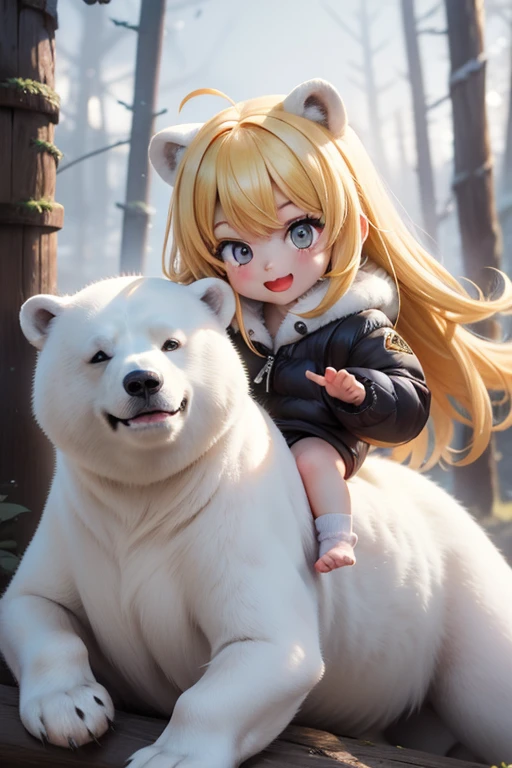 Highly dynamic scenes. A huge polar bear carries a small 4 year old Eskimo girl on its back. The girl is very cheerful and、Laugh big、Waving amiably. The girl is dressed in the clothes of the north of the country. close-up of. lots of details. Cartoon-style Disney Pixar. surreal. cinematic. Coniferous winter forest movement blurred background. Light haze、Yellow hair.