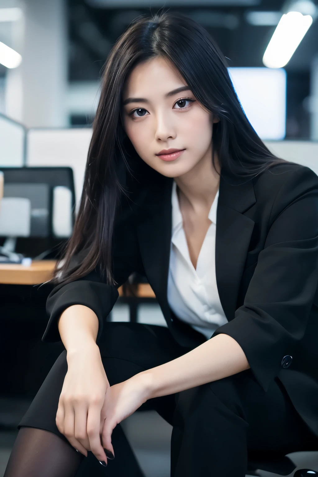 (highest quality, 8K, 32K, masterpiece, UHD: 1.2), 1 girl, beautiful japanese woman, thinウエスト, detailed face, black hair, long hair, droopy eyes, thin, Show full body, detailed fingertips, one woman, alone, dark tone business wear,office background,24-years-old