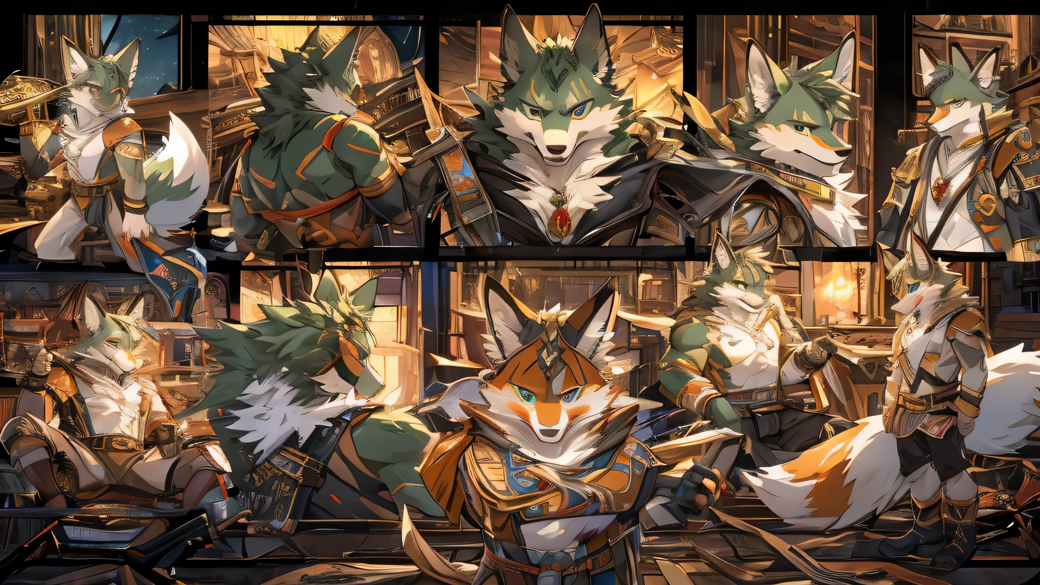 male furry fluffy anthropomorphic fox reference sheet, full body , detailed features like expressive eyes, bushy tail, sharp teeth, realistic fur texture, medium: digital illustration, front view and back view, high-resolution, professional quality, intricate patterns on the fur, adorable and charismatic personality, attention to anatomical accuracy, a mix of dark green and white fur, designed facial structure