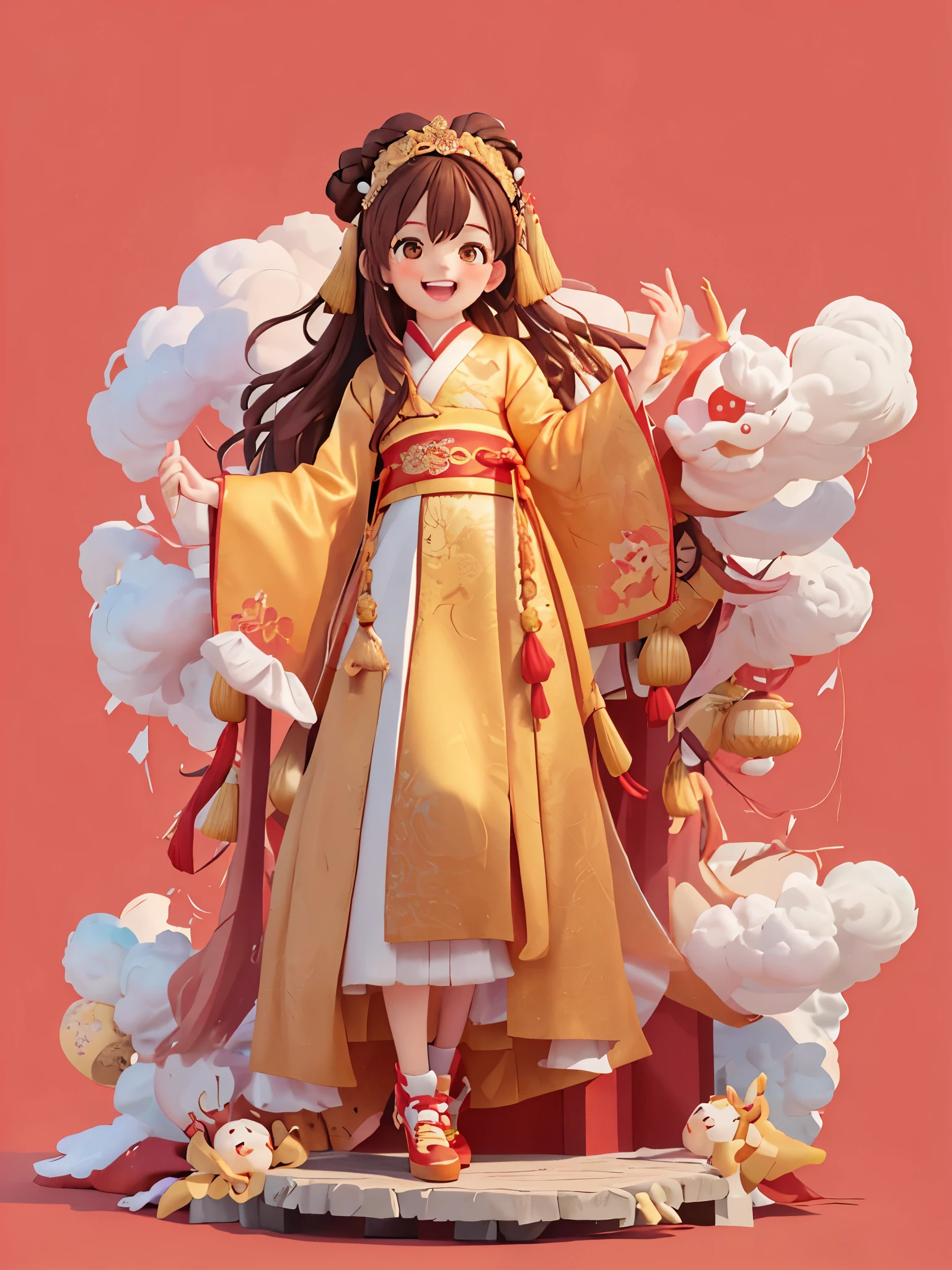 8k,original photo,(masterpiece:1.2),alone,Super detailed,Extremely detailed CG 8k wallpaper,incubation (texture),CNY,1 girl,alone,long hair,looking at the audience,blush,Smile,open mouth,simple background,brown hair,hair accessories,Hanfu，long sleeves,skirt,Double tail,brown eyes,shoe,teeth,Raise your hand,low Double tail,Chinese clothes,red background,