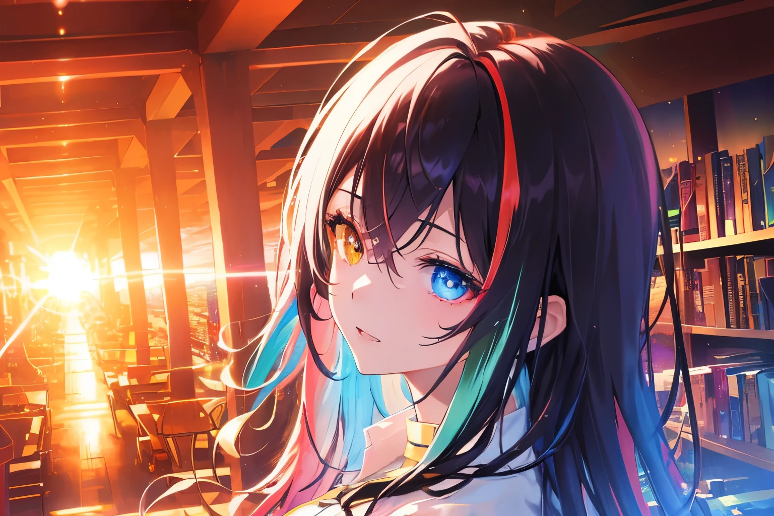 {{masutepiece}}, Best Quality, the Extremely Detailed CG Unity 8K Wallpapers, Cinematic lighting, Lens Flare, Beautiful detail eyes, Black, side glance, Multicolor Hair, Colorful light, Particle, Heterochromia, (Colorful:1.5), (Colorful hair:1.5), sunset library