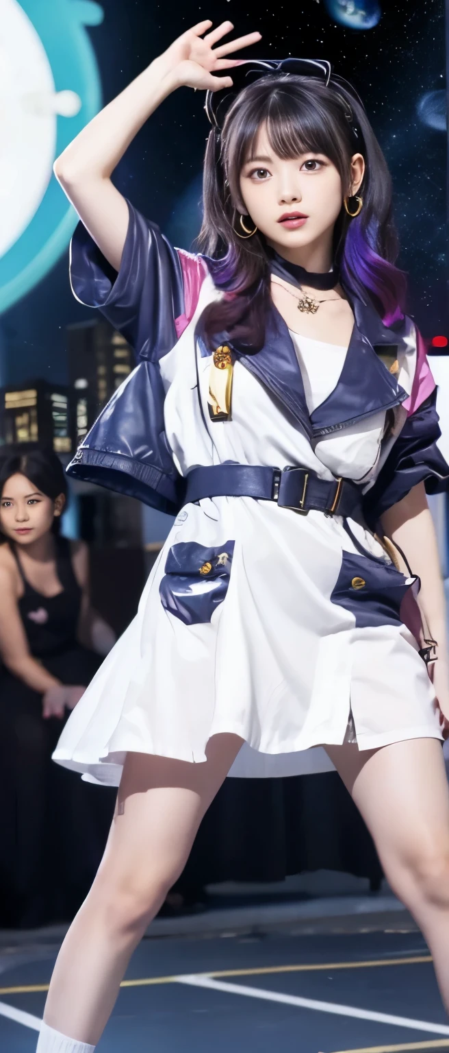 A female idol who controls time、whole body、good style、colorful hair、、、、、clock mini dress、outer space