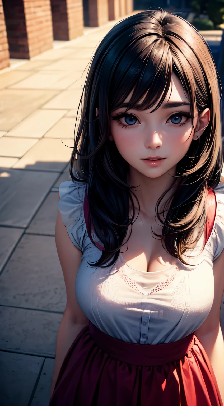 Woman, 30 years, makeup, happy, cinematic lighting, bloom, from above, UHD, masterpiece, textured skin, super detail, high quality