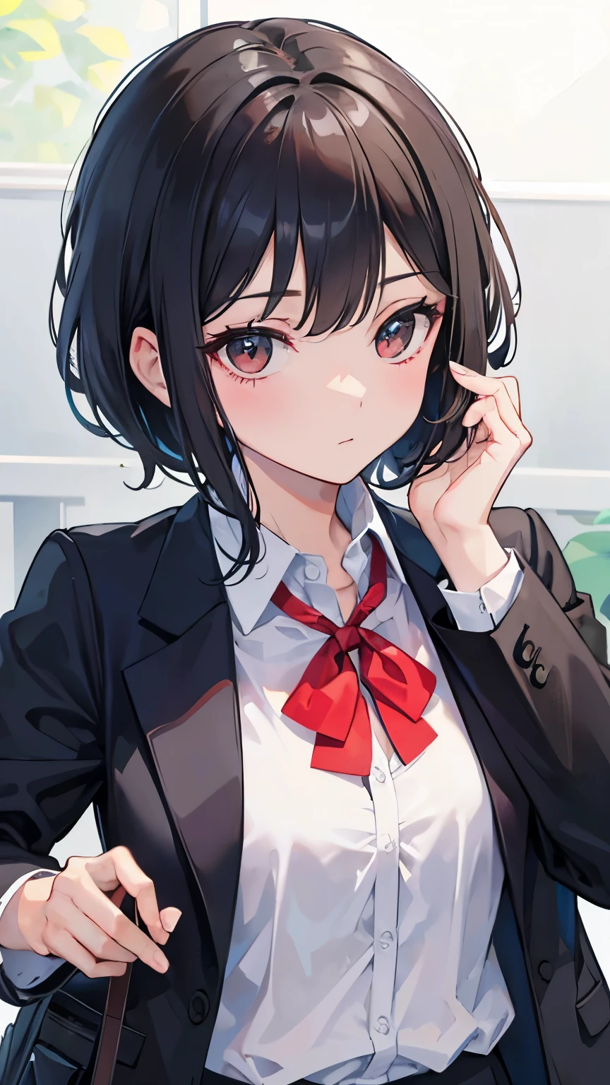 a woman in a suit, looking down at viewer with narrowed eyes, she is smoking a cigarette, beautiful, red eye, black hair, wolf hair cut, low angle view
