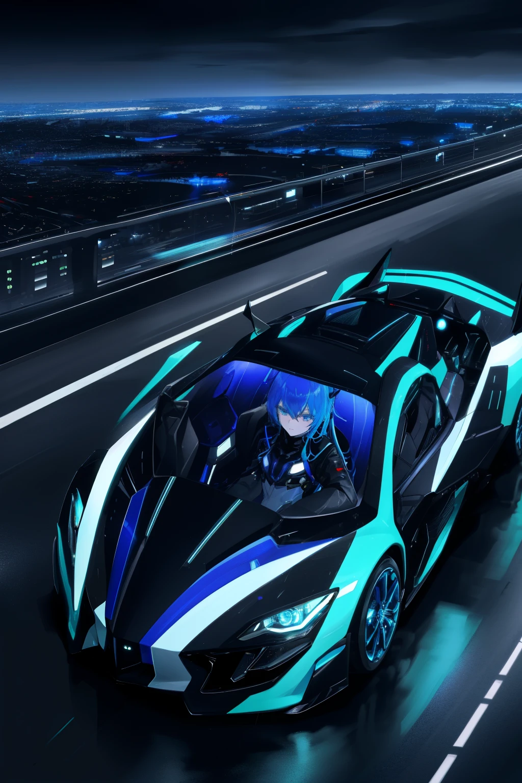 A sleek, futuristic car glimmers under the neon lights of the cityscape in an overhead shot. Its metallic surface reflects the vibrant colors of the night, creating a mesmerizing scene. The car's advanced headlights cut through the darkness, casting a long, bright path ahead. The interior is an immaculate blend of technology and comfort, with a dashboard adorned with holographic displays and controls. The driver, focusing intently on the road, wears a stylish, form-fitting suit and has piercing blue eyes. Rain taps rhythmically against the windshield, leaving trails of water as the car moves swiftly through the night, leaving a trail