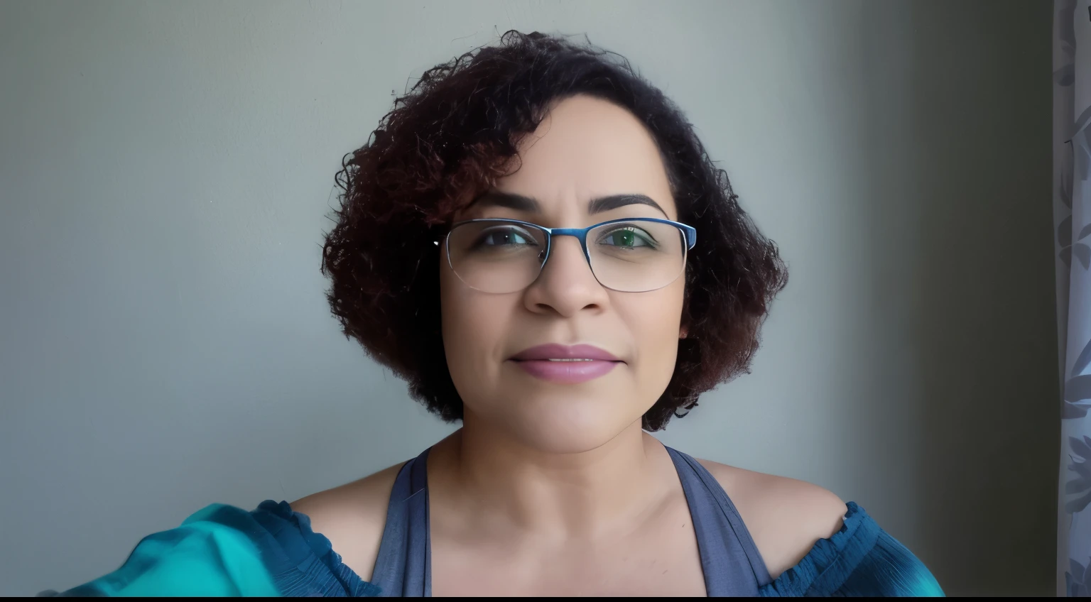 There's a woman with glasses and a blue dress posing for a photo, retrato frontal, powder Nándor Katona, Alanis Guillen, retrato de meio corpo, full head shot, retrato de perfil, magda torres gurza, foto de perfil, retrato de rosto inteiro, inspired by Verónica Ruiz de Velasco, mixed race woman, desenho pixar disney
