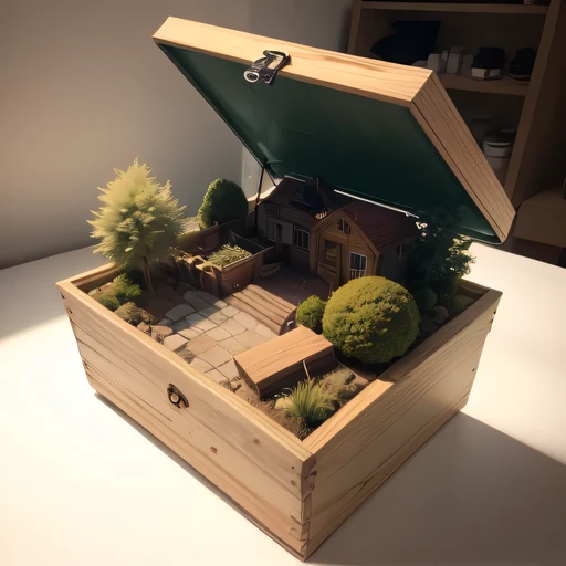 small realistic model, (8k, original photo, best quality, masterpiece:1.4),Steampunk Cyberpunk City,(Cyberpunk light:1.3),on the table,horizon (related to land),(in a small nature box:1.3),Isometric, small nature, landscape on foundation,landscape,