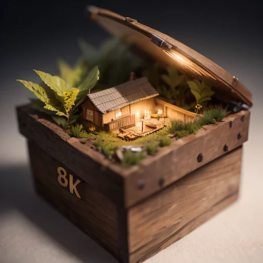 small realistic model, (8k, original photo, best quality, masterpiece:1.4),Steampunk Cyberpunk City,(Cyberpunk light:1.3),on the table,horizon (related to land),(in a small nature box:1.3),Isometric, small nature, landscape on foundation,landscape,