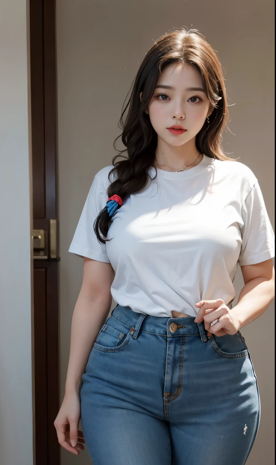 Chubby woman with fat belly and tight thighs, full body, 50-year-old mature woman, thick hips, thick neck, thick chest, big eyes,  seductive , wearing t-shirts and thight pants 