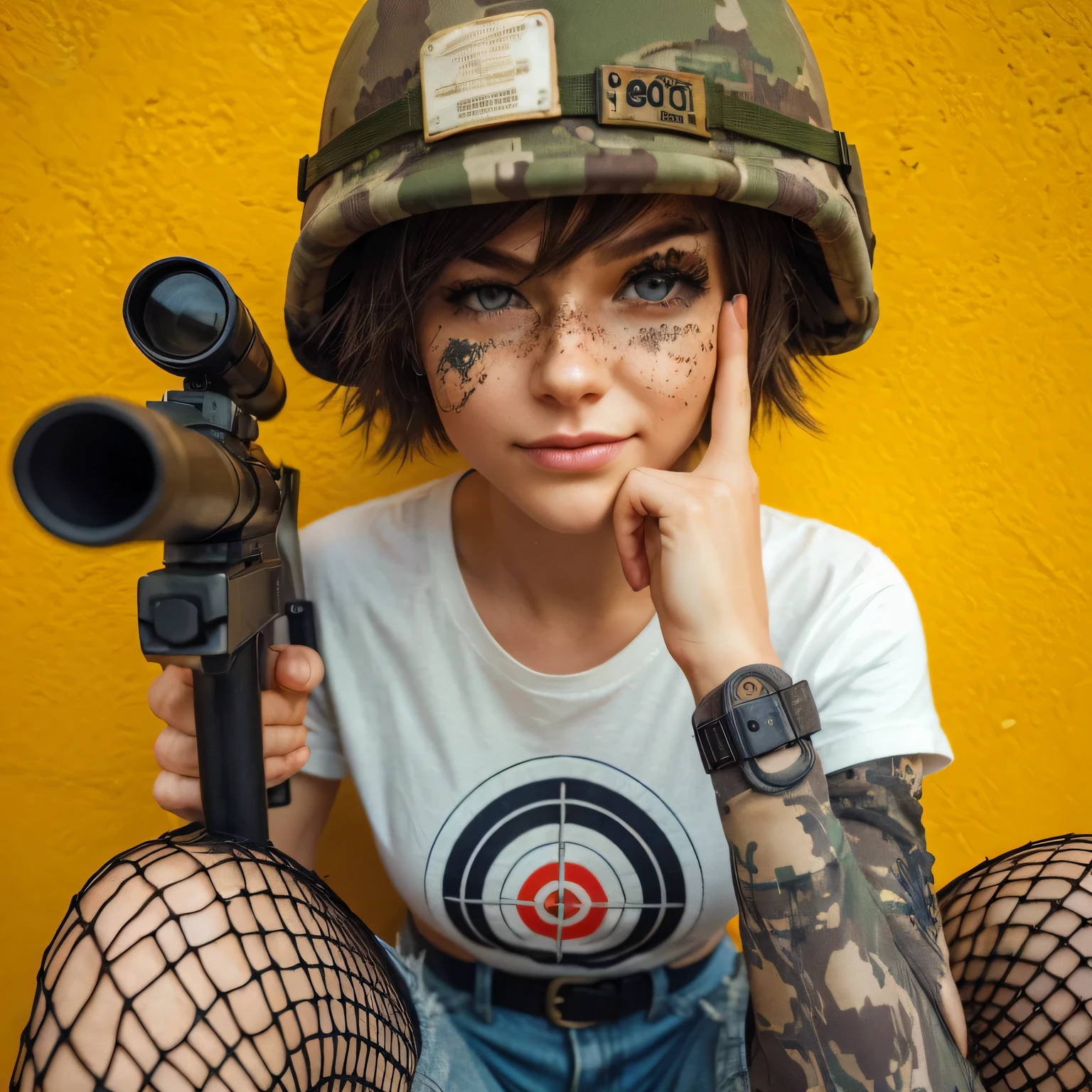 hyper realistic photography, wide shoot full body head to toe of fictional character: an edgy caucasian girl, detail facial, frackles, pore, band aid on her cheeks, have no hair wearing soldier helmet full badges, wink an eye, weird expression, wear white t-shirt with target pictures, big breast, nipple shown transparently, wear jeans shortpants & net stockings, wear military boot, cool posing and hold a bazooka, background yellow limbo wall, --style raw --v 6.0