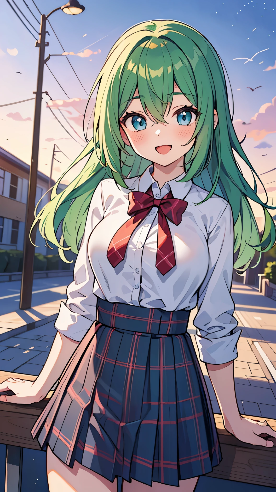 ((Pretty High School girl with green hair and blue eyes)), ((wearing white collar shirt and plaid skirt)),  Baby face, ((master piece, top-quality, ultra-definition, high resolution)), anime girl, ((ultra-detailed illust:1.2)), only one person, bangs, hair between eye, beautiful hair, Beautiful eyes, Medium breasts, thighs, Big smile, blushing, opened mouth, in the school backyard, at dusk, sunset