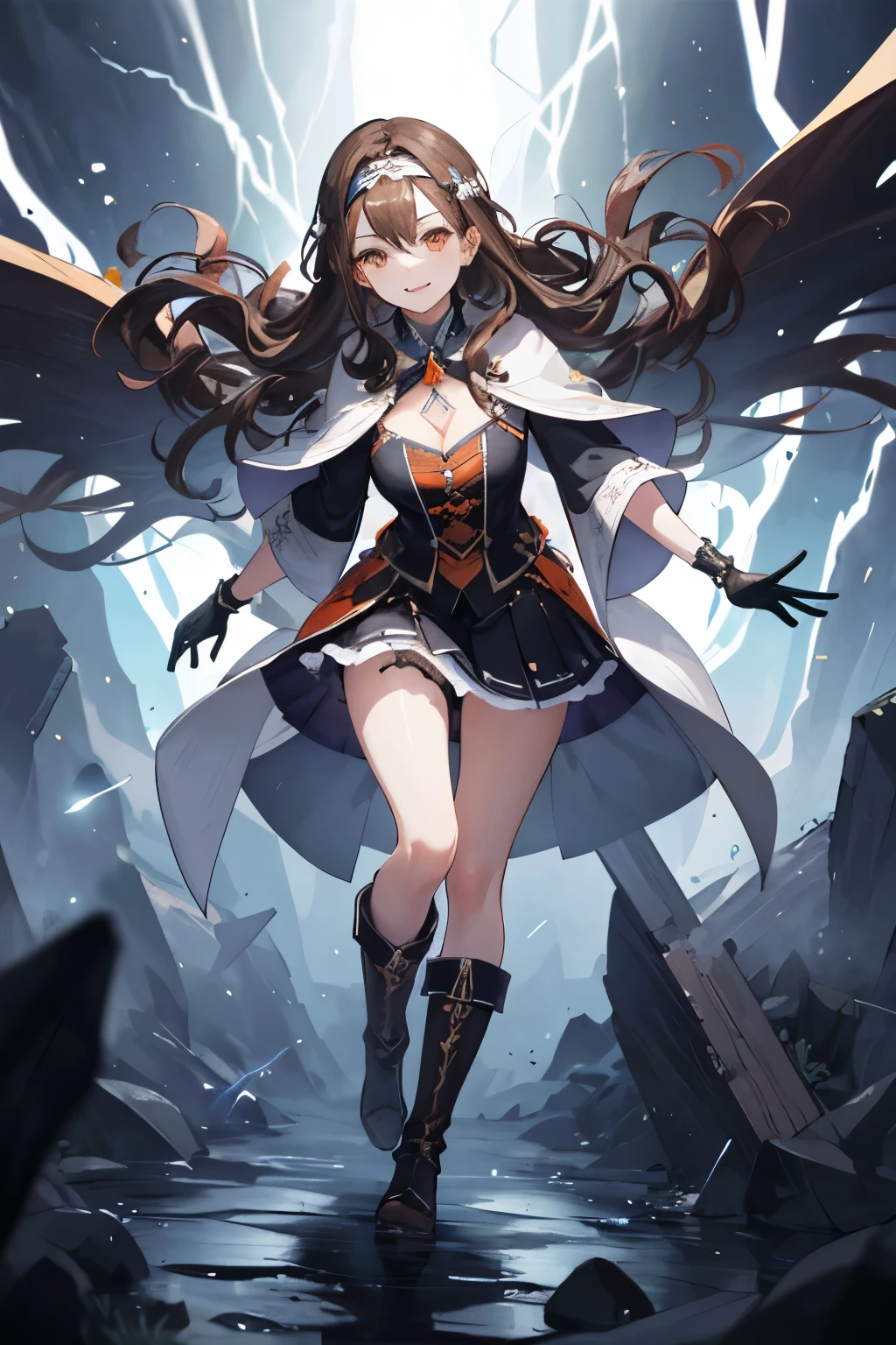 (((1girl))), ((best quality)), ((masterpiece)), ((ultra-detailed)), (illustration), (detailed light), (an extremely delicate and beautiful), (beautiful detailed eyes), (sunlight), ((extremely light)),  ((extremely clothes)), (((hyper detail))),(((((front lighting))))),(((((front light))))),

((((quite adorable Expart Warlock's robe with a brief skirt and magical headband)))), (((Expart Warlock))),
, 

(((wavy long hair))), ((((dark brown hair)))),  (((long hair))),
(((deep orange eyes))),

((whole body)), aged 5 to 8, ((((())))), ((((very adorable young girl)))),
((condescending expression)), ((mischievous smile with sexual satisfaction)),  (((extra adorable))), (((((extra slender shape))))), 
(((((extremely beautiful detailed face))))), 
(((dynamically attacking enemies by a spell of lightning spears' raid))), (((elegant magic boots))),

(Dutch angle), (((white gloves))), ((transparent magical underskirt)), a little bit exposed adorable panties