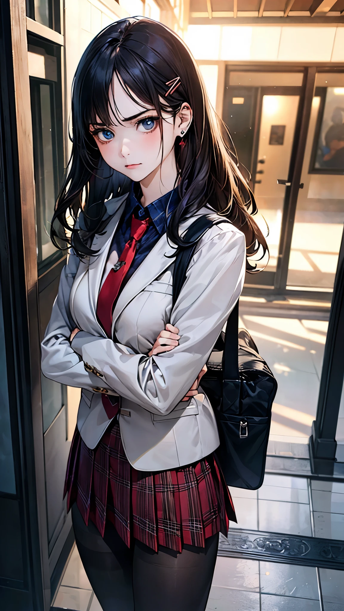 (masterpiece:1.2, top-quality), (realistic, photorealistic:1.4), beautiful illustration, (natural side lighting, movie lighting),
looking down at viewer, from below:1.2, 1 girl, japanese, high school girl, perfect face, cute and symmetrical face, shiny skin, face,
(long hair, straight hair, hairpin, black hair), swept bangs, blue eyes, big eyes, drooping eyes, (middle breasts, seductive thighs, big ass), piercings,
beautiful hair, beautiful face, beautiful detailed eyes, beautiful clavicle, beautiful body, beautiful chest, beautiful thigh, beautiful legs, beautiful fingers, five fingers,
((white cute blazer, (black collared shirt), red plaid pleated miniskirt, red tie), black pantyhose), navy school bag,
(beautiful scenery), evening, school hallway, (nioh standing), open legs, crossed arms, (a little angry, crazy eyes),